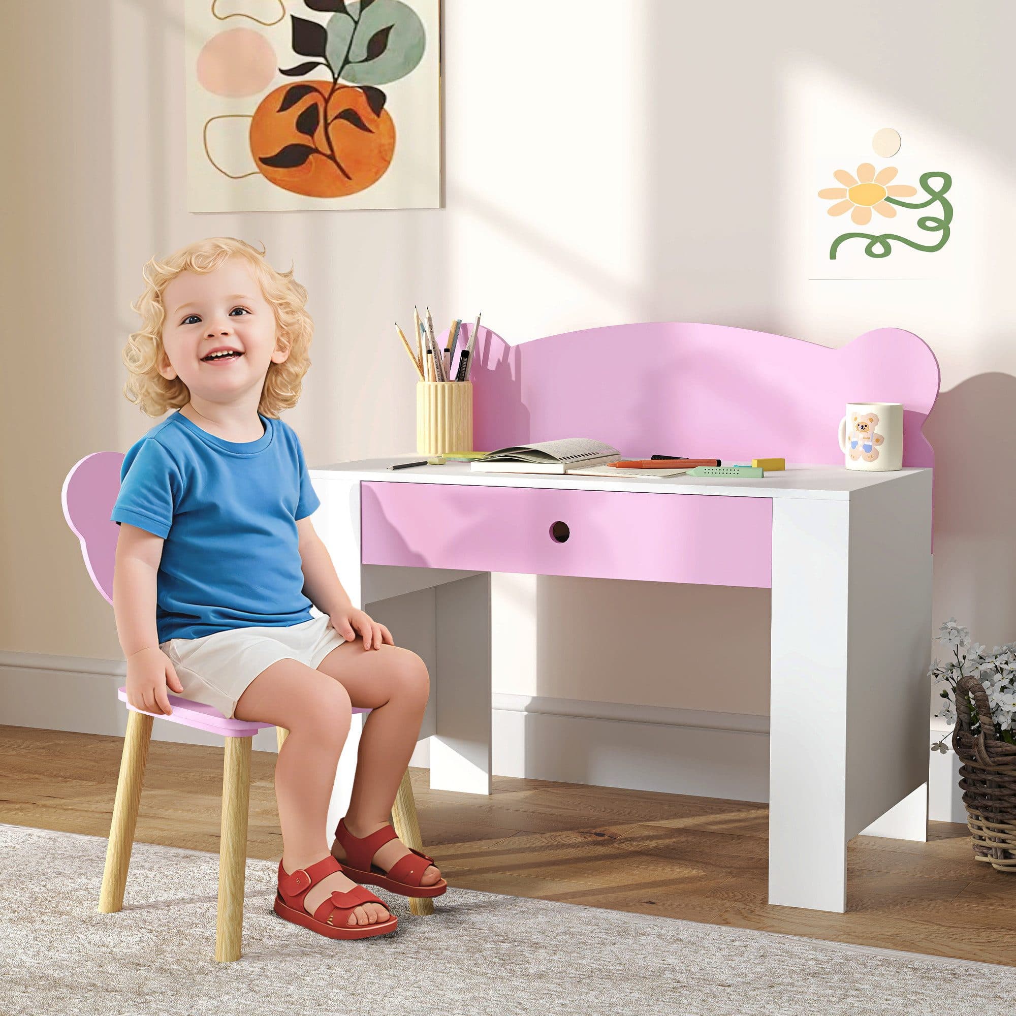 AIYAPLAY Kinderschreibtisch Set Bärenform Rosa Weiß mit Schublade - Bild 2