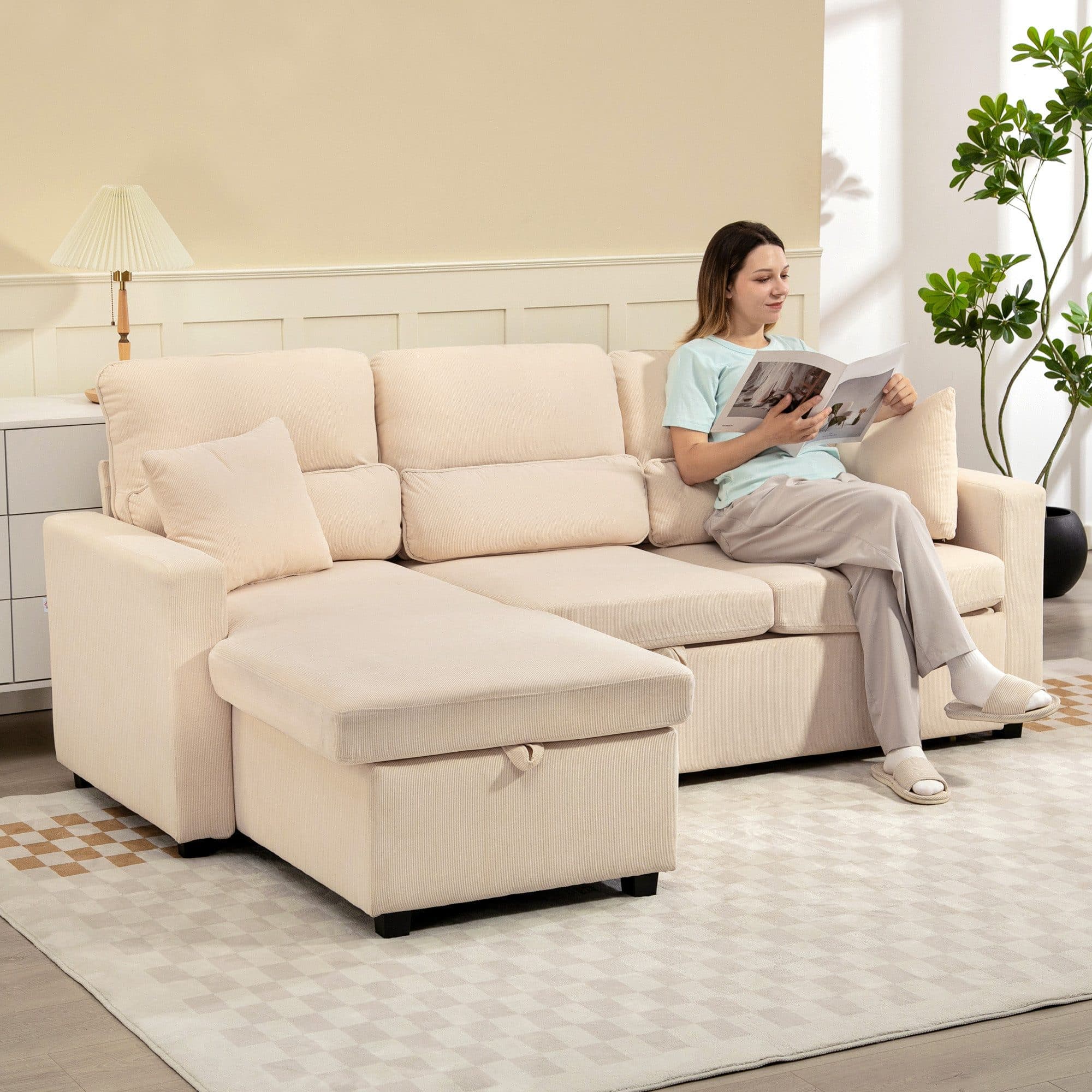 HOMCOM Ecksofa mit Bettfunktion, L-Form, Beige - Bild 2