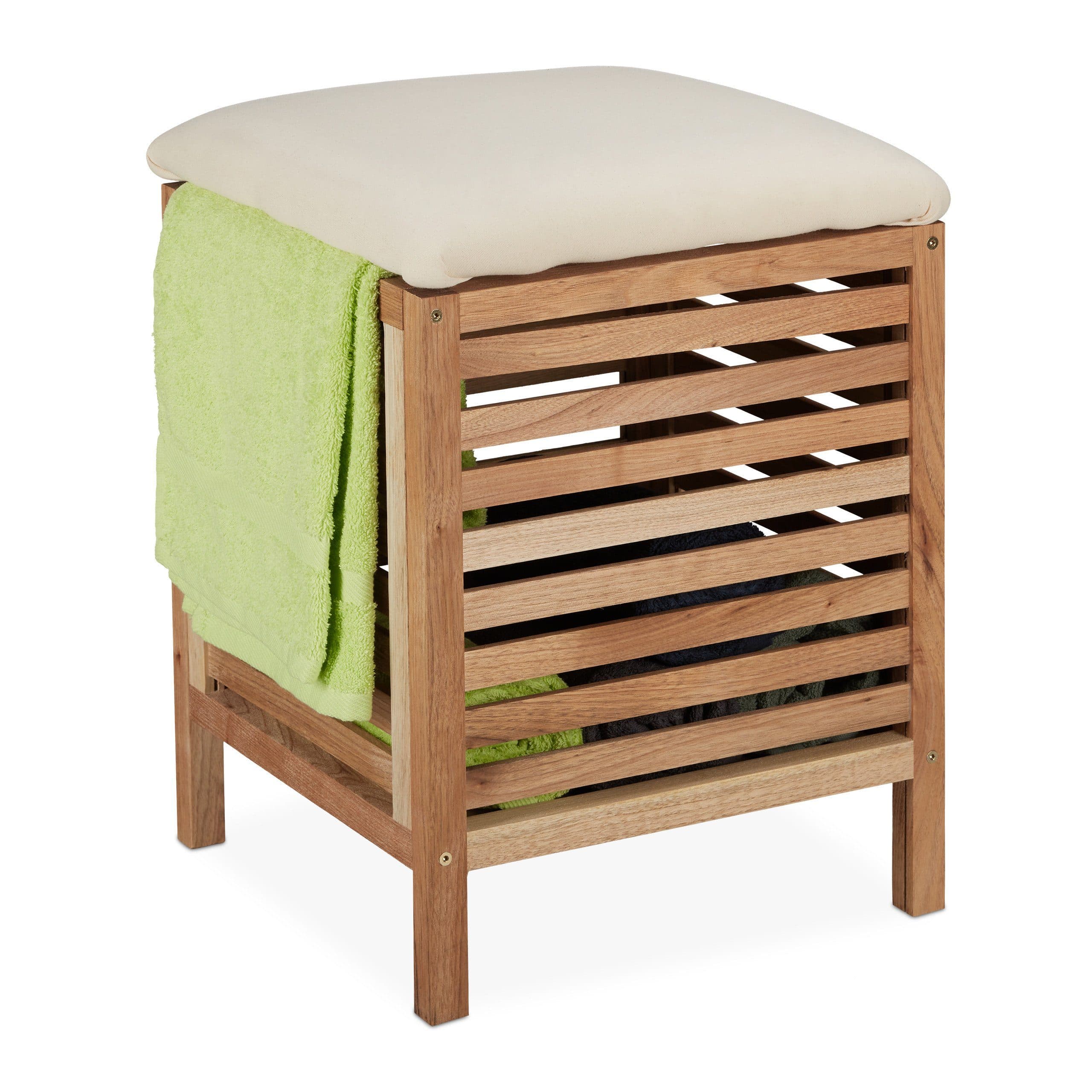 relaxdays Wäschetruhe Wäschekorb mit Sitz Walnussholz Braun/Beige - Bild 2
