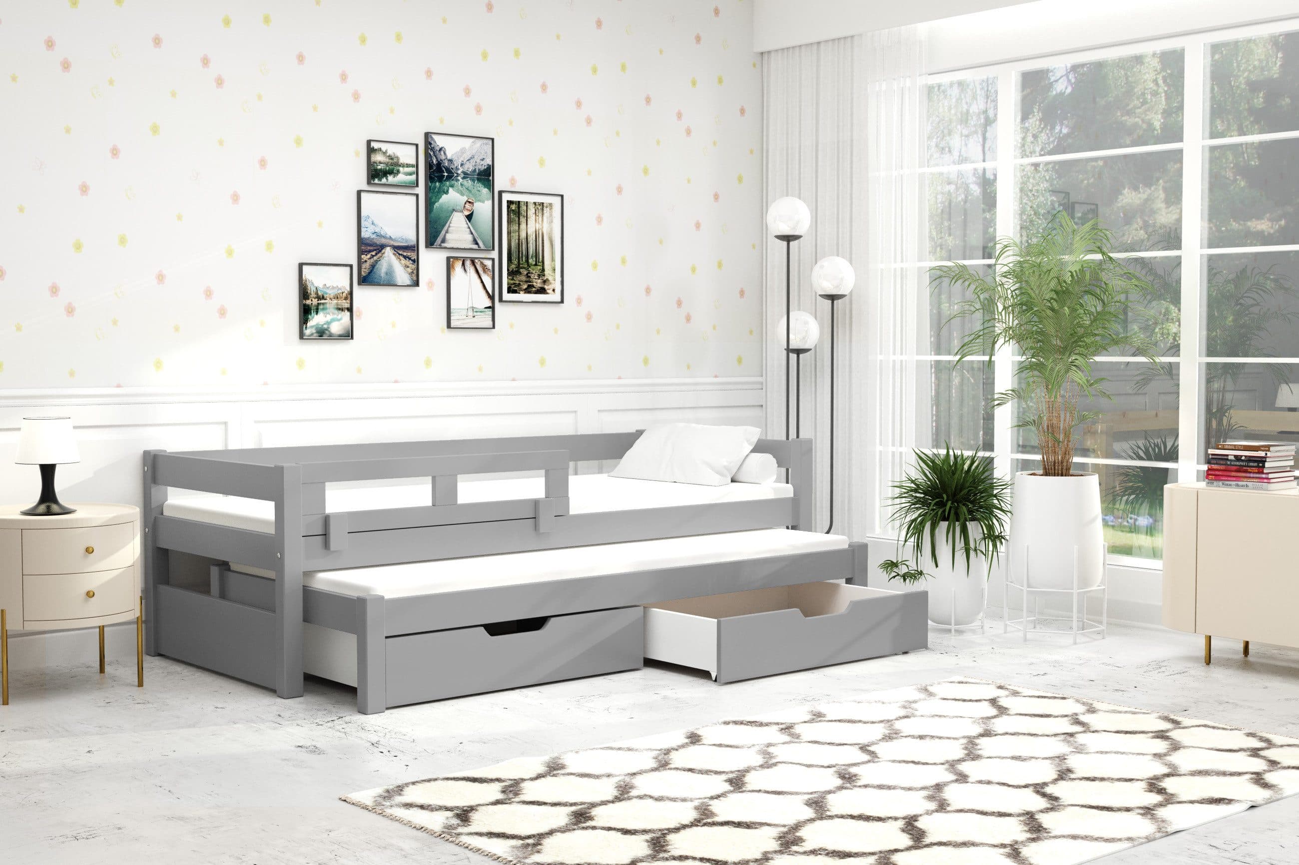 thematys Kinderbett mit Rausfallschutz und Ausziehbett und 2 Schubladen für Kinder