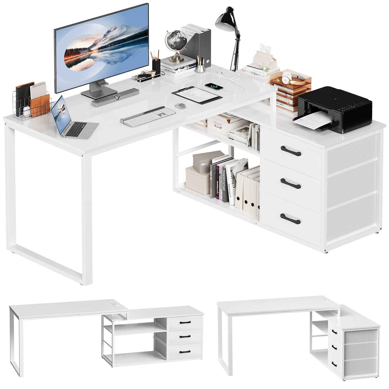 HOMALL Schreibtisch L-förmig mit USB-Anschluss und Steckdosen, Weiß - Bild 2