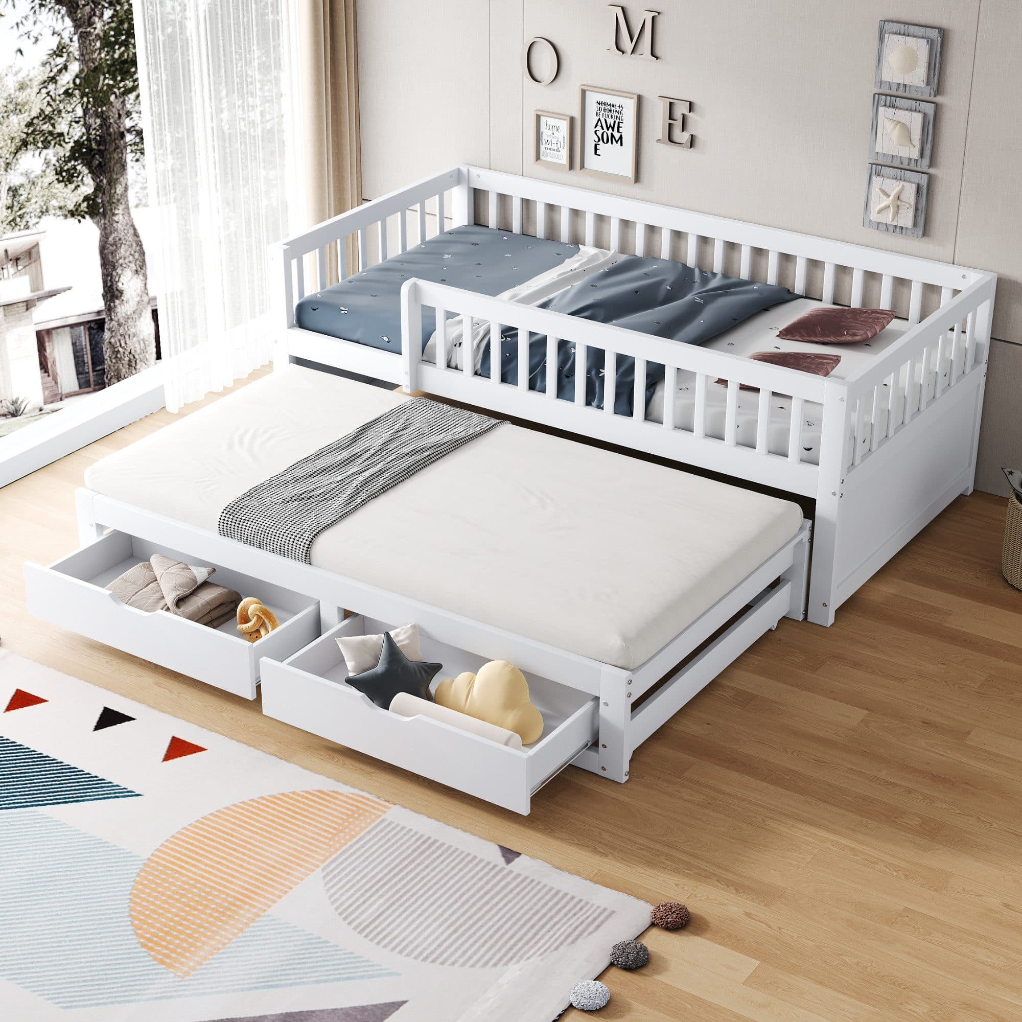 Flieks Kinderbett Daybett Weiß mit Ausziehbett und Schubladen - Bild 2