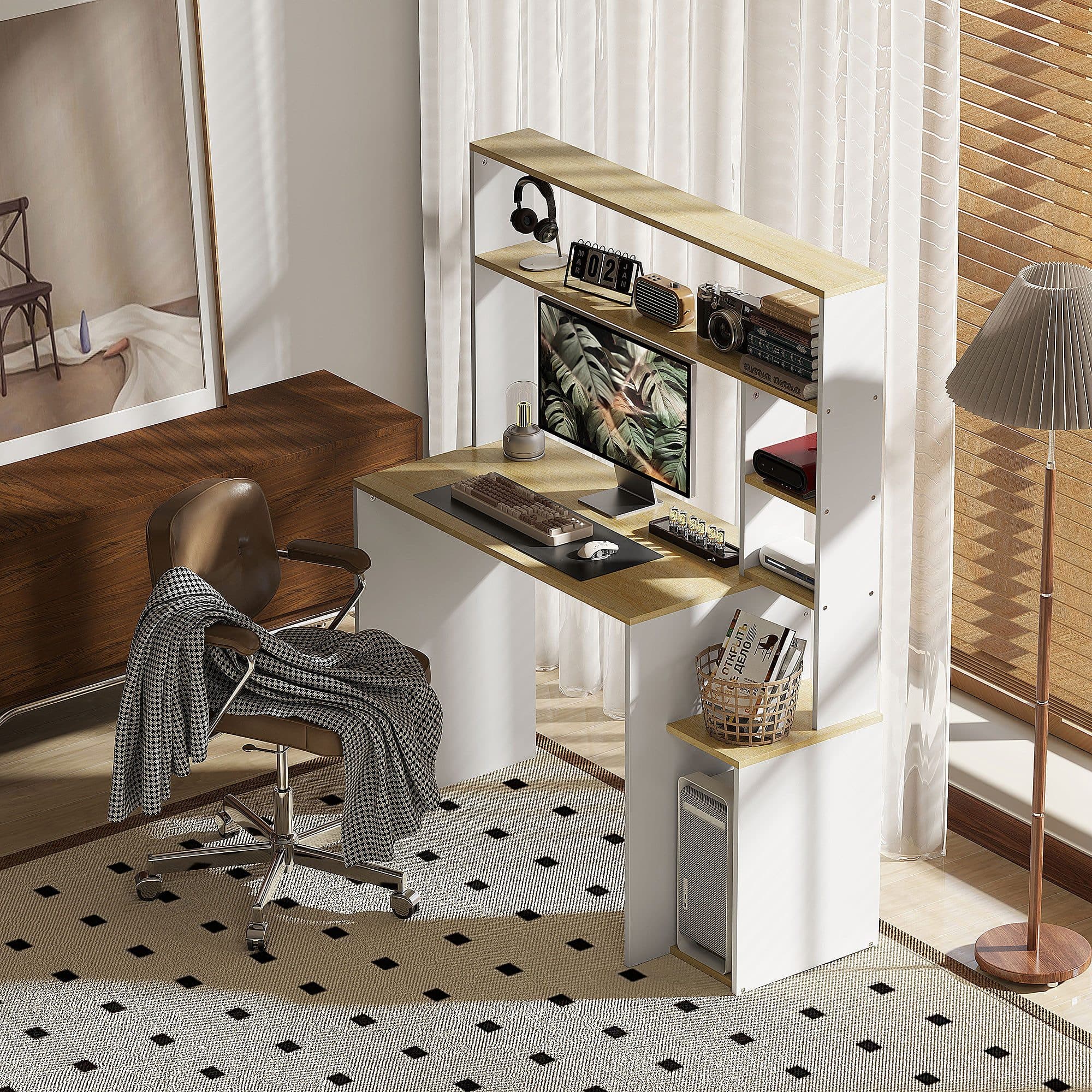 HOMCOM Computertisch mit CPU-Ständer und offenen Regalen Eiche/Weiß