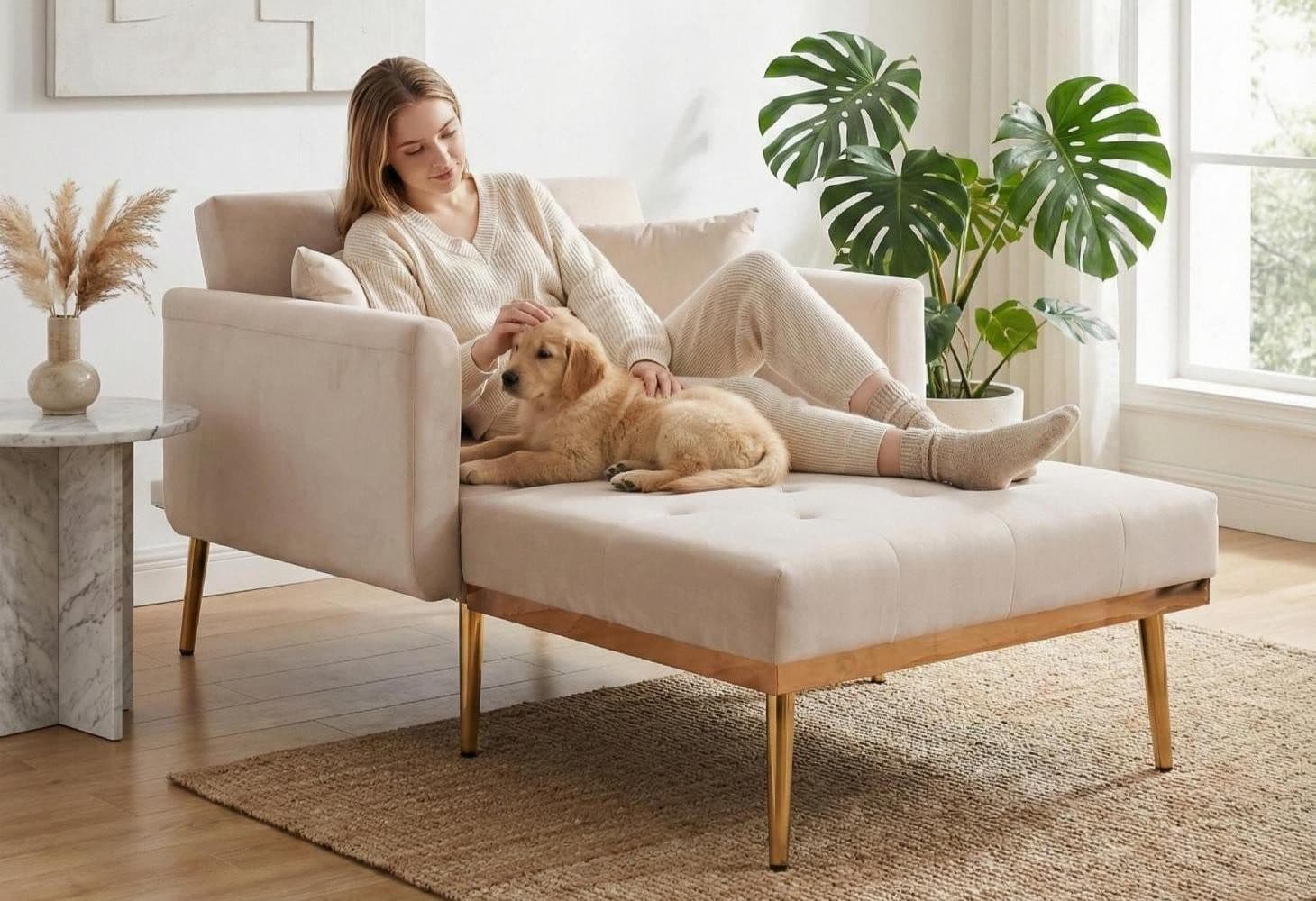 LVHOM Schlafsofa Relaxsessel mit verstellbarer Rückenlehne & Zierkissen Beige - Bild 2