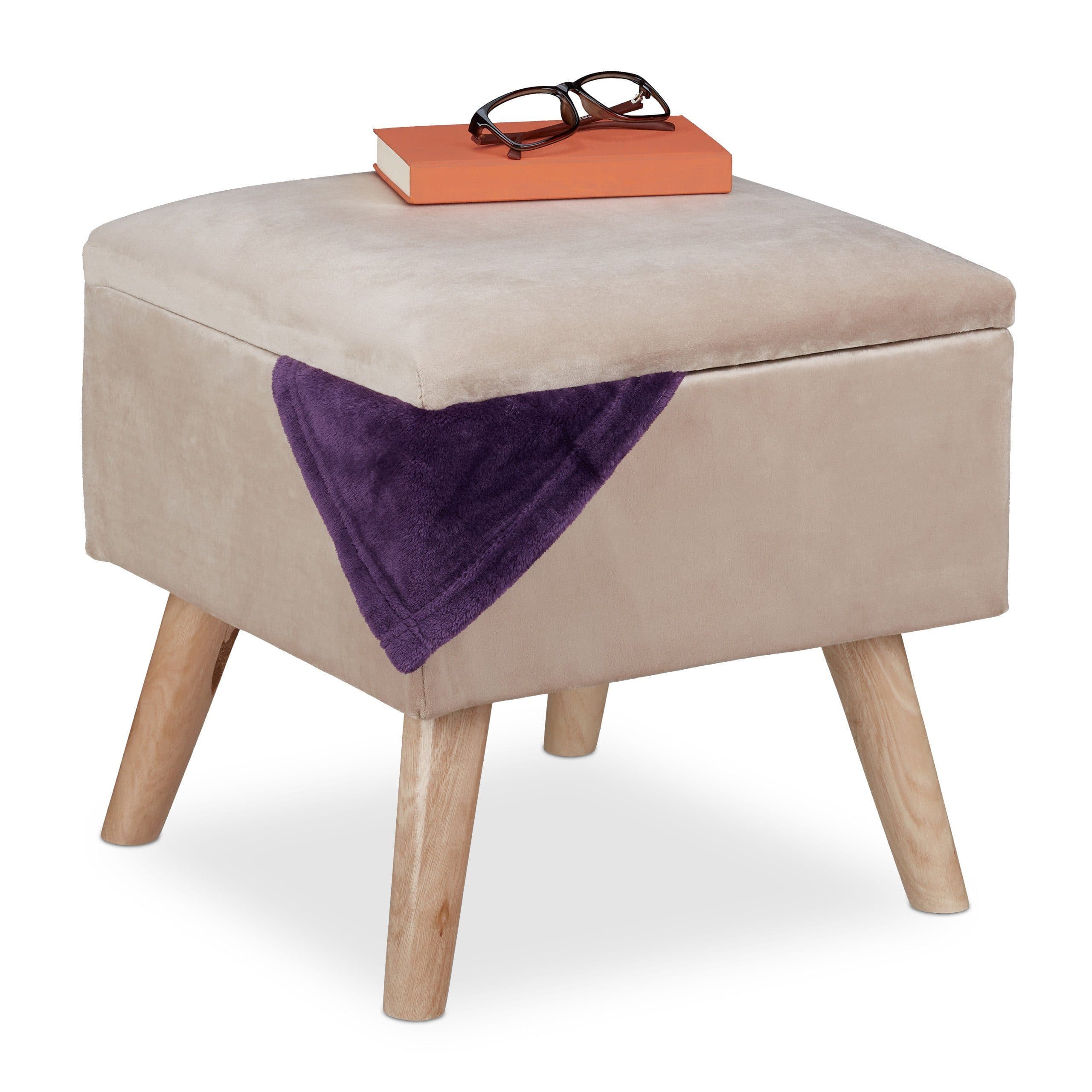 relaxdays Polsterhocker Samthocker mit Stauraum Creme - Bild 2