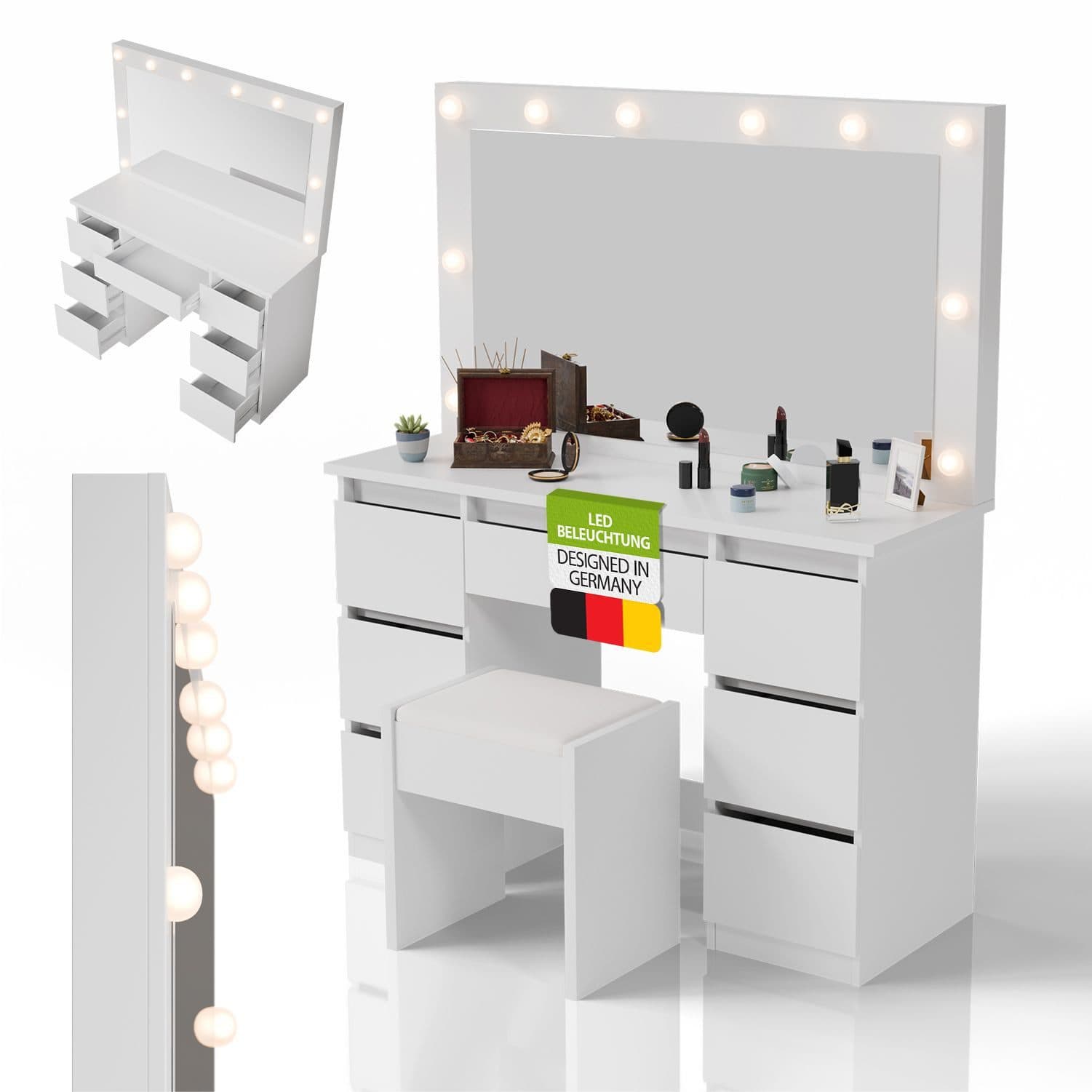 Juskys Schminktisch Lilia Weiß LED-Spiegel 7 Schubladen Hocker - Bild 2