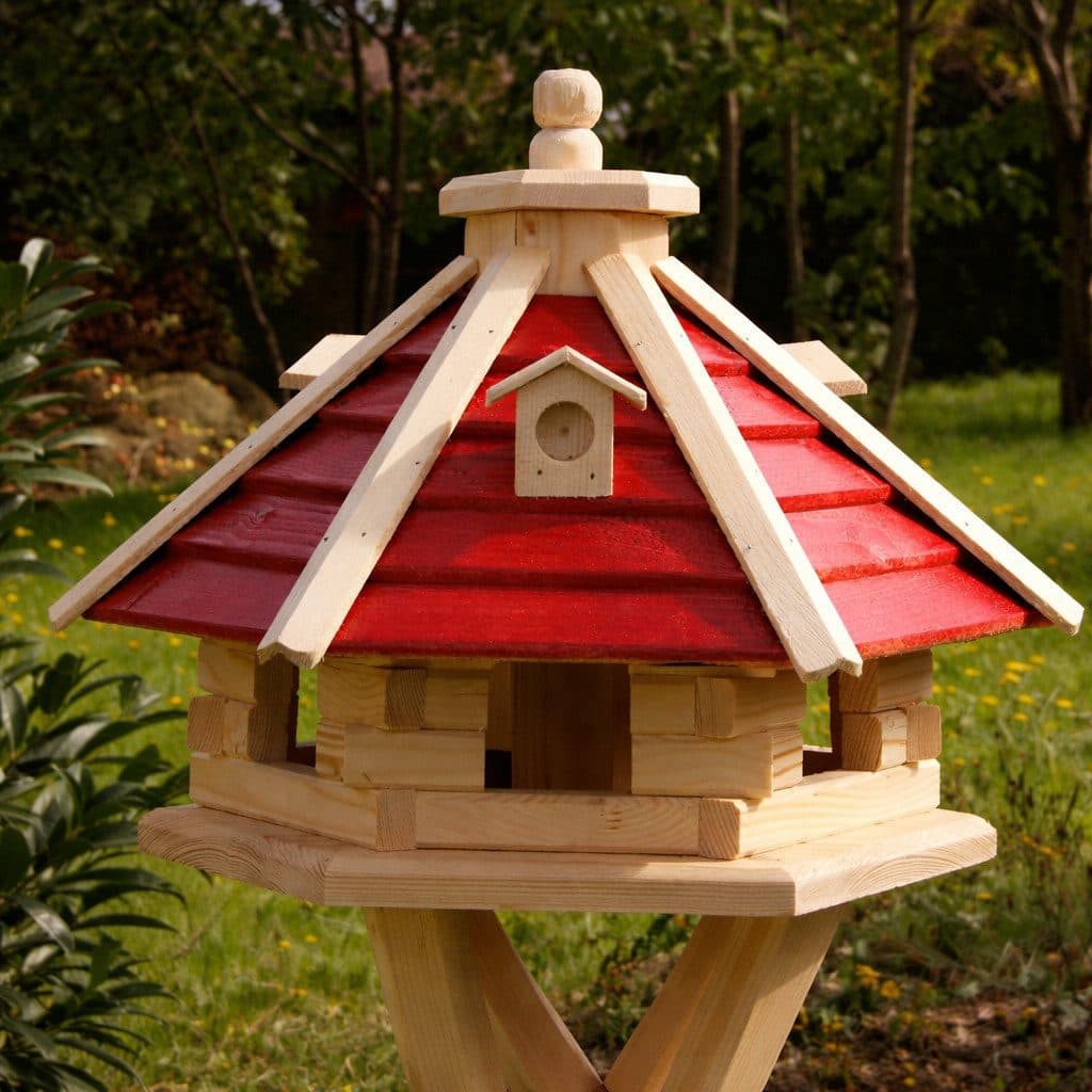 Holzdekoladen Vogelhaus aus Holz Sechseckig mit Ständer & Solarlicht Weiß