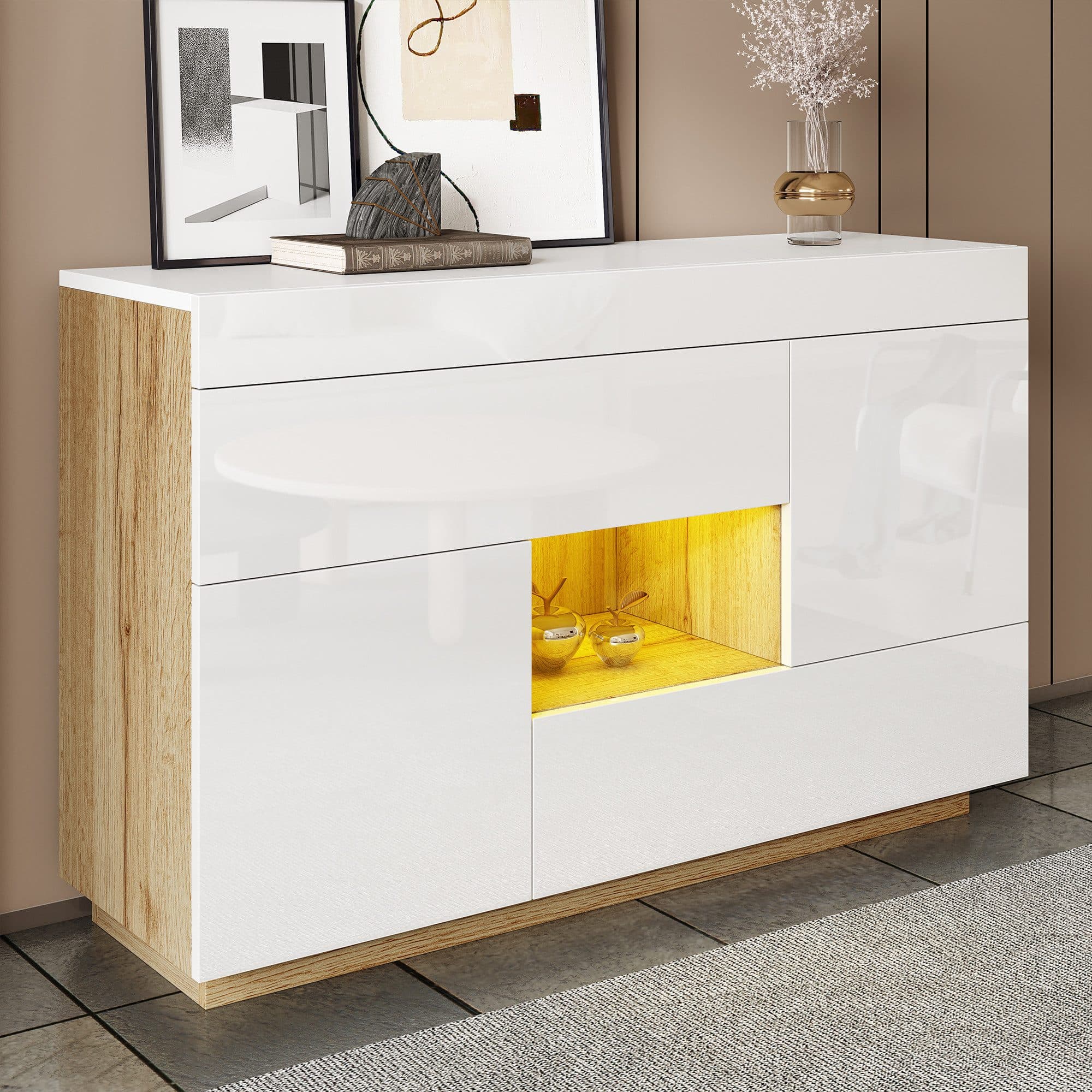 Merax Sideboard Hochglanz Weiß Holzoptik LED-Beleuchtung - Bild 2