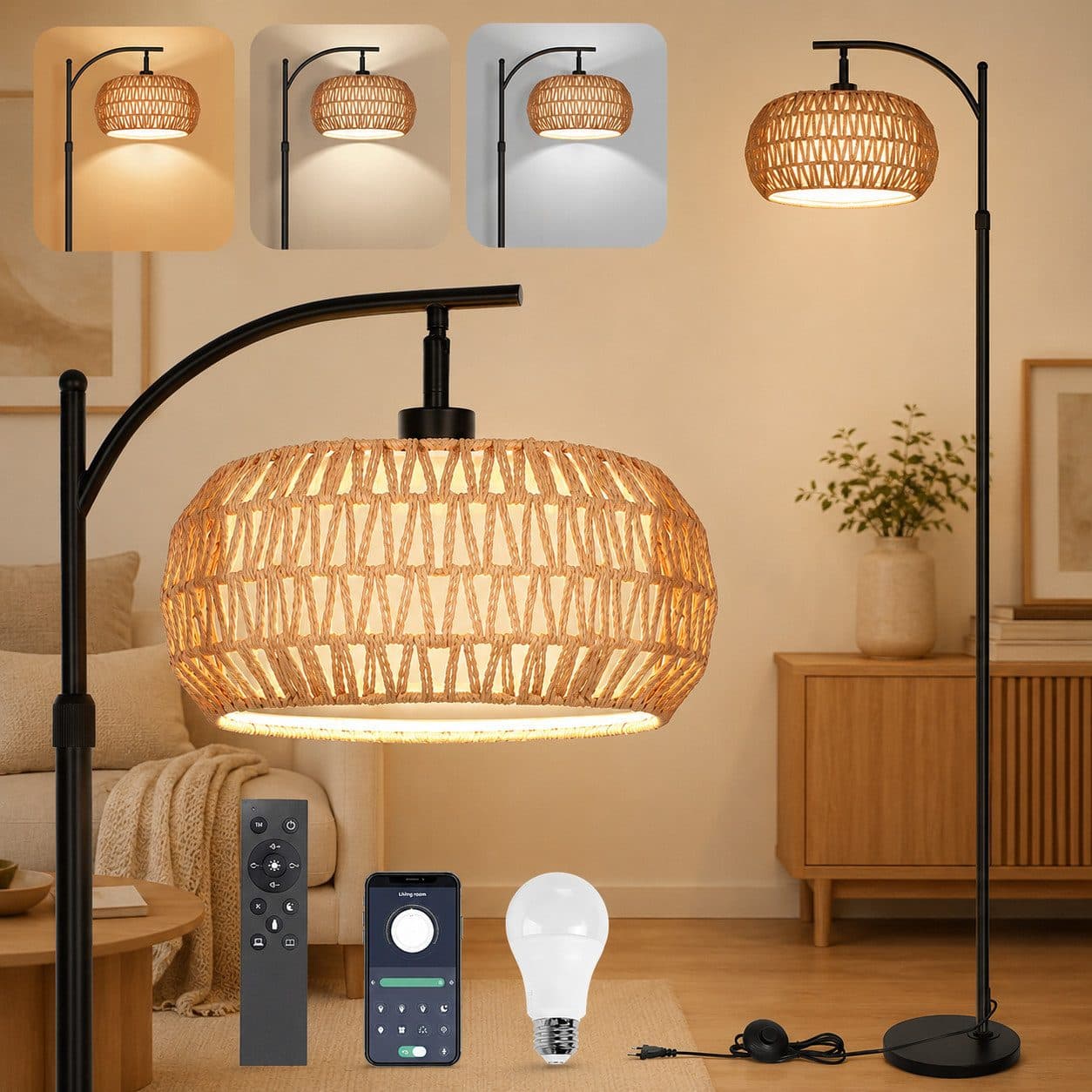 Sunicol LED Stehlampe Doppelter Lampenschirm Schwarz Dimmbar App-Steuerung - Bild 2