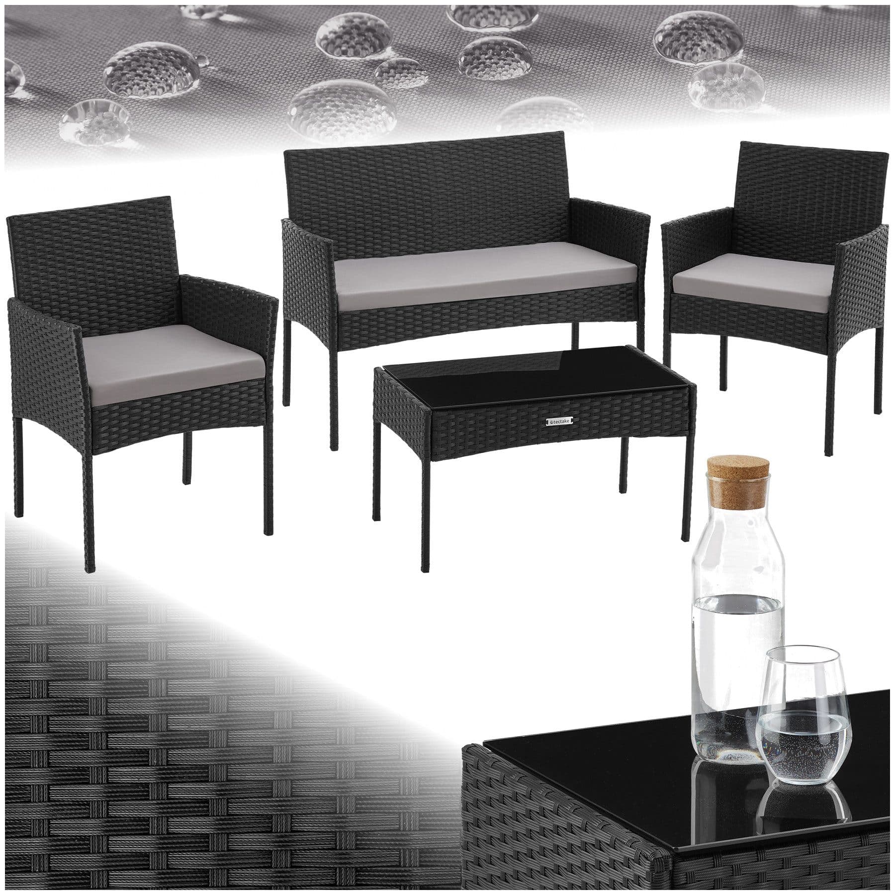 TECTAKE Sitzgruppe Rattan Gartenset 4-tlg. Schwarz mit Glasplatte - Bild 2