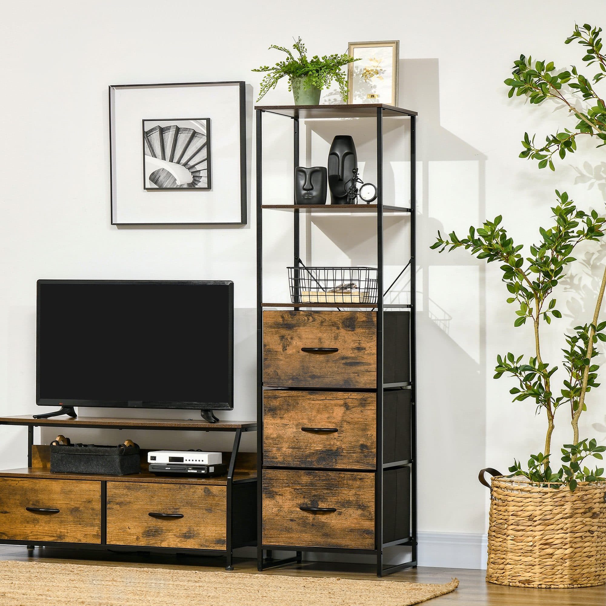 HOMCOM Kommode Sideboard 3 Schubladen Rustikalbraun Industrial Design - Bild 2