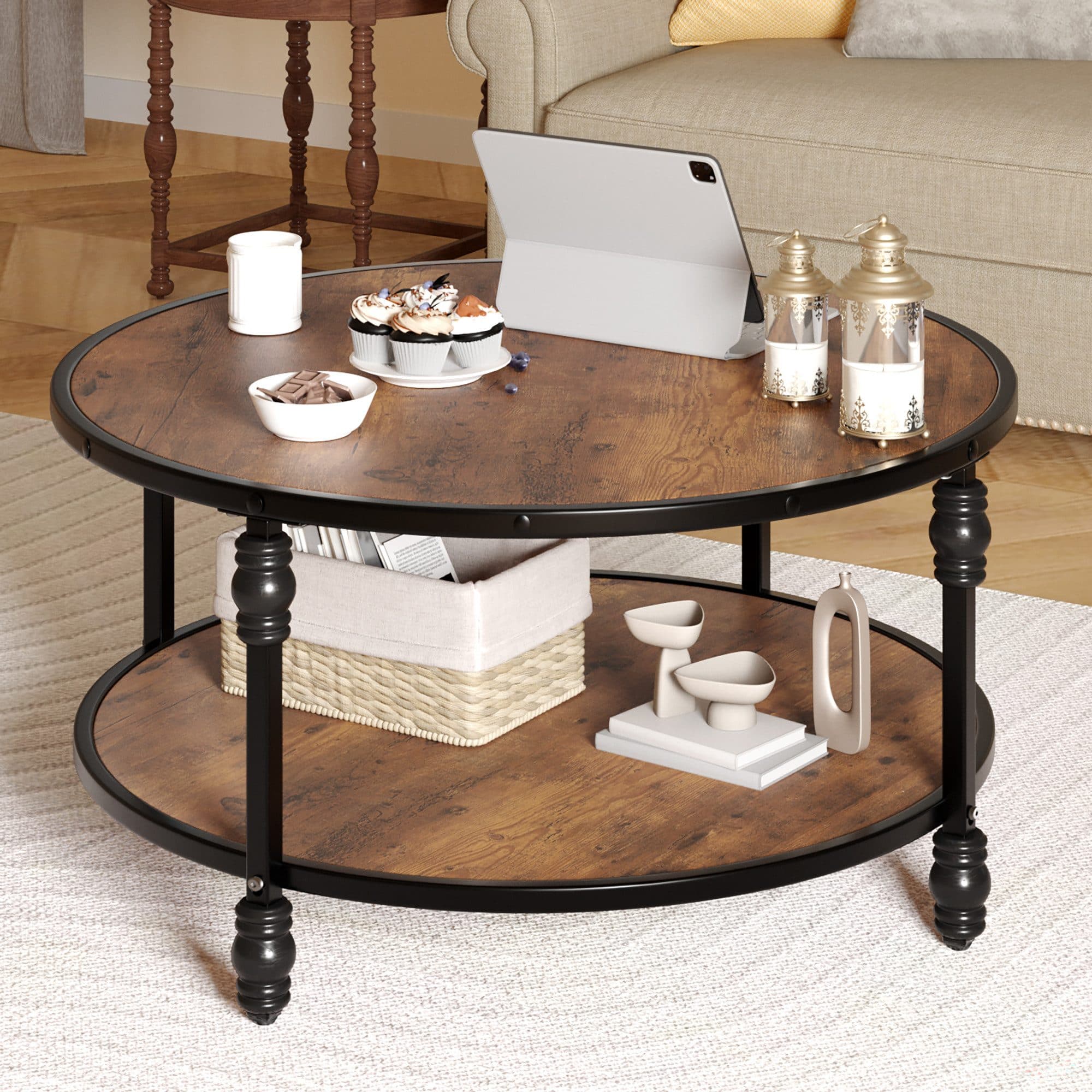 GarveeMore Beistelltisch Couchtisch, Sofatisch, Wohnzimmertisch aus Holz, Mit Ablage, 72x72x47.5cm, Rund Beistelltisch Couch Mit Stauraum, Einfacher Aufbau, Moderner Stil - Bild 2