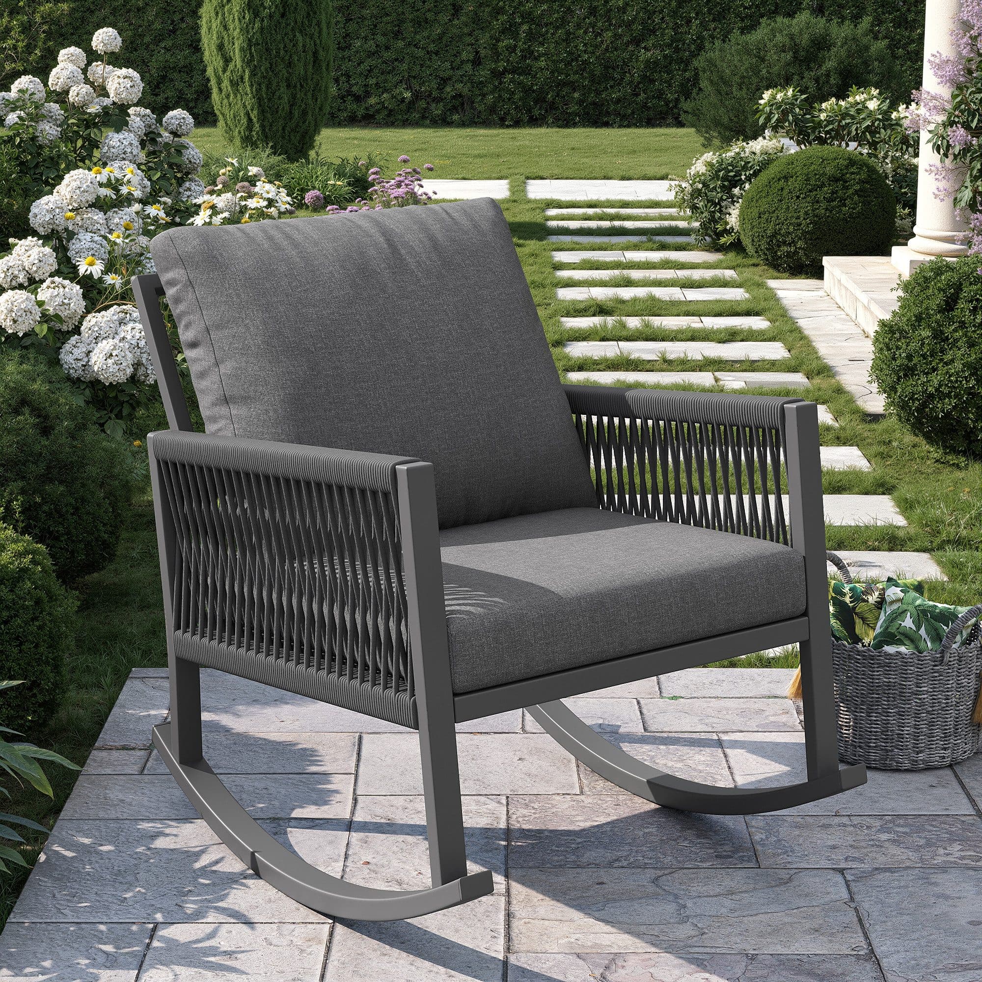 Flieks Gartenstuhl Grau mit Kissen und Kreuzseilwebtechnik - Bild 2