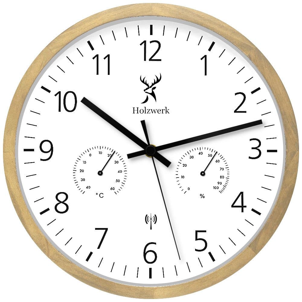 Holzwerk Funkwanduhr Beige/Braun mit Thermometer & Hygrometer - Bild 2