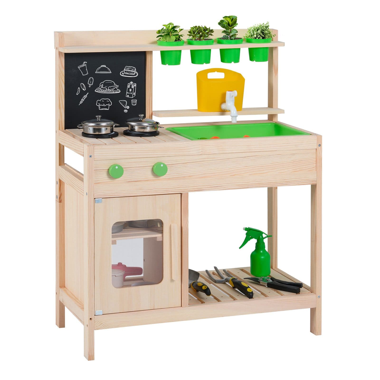 COSTWAY Outdoor-Spielküche Holz Mit Kreidetafel, Herd, Blumentöpfen & Kochutensilien - Bild 2