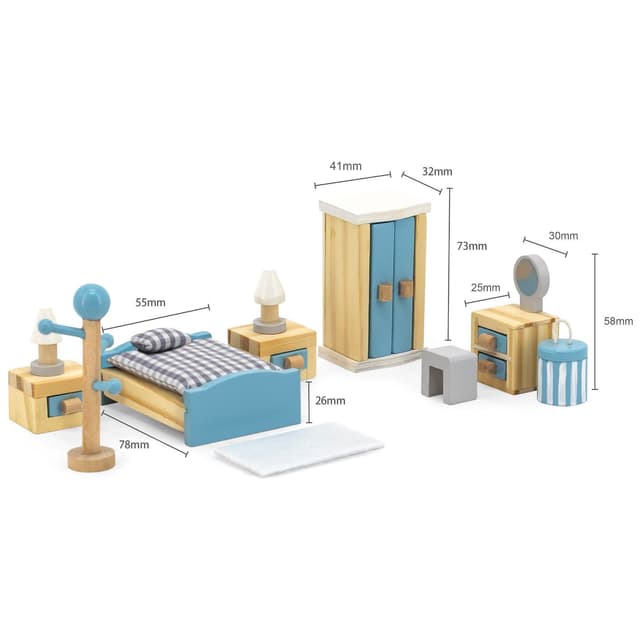 TikTakToo Puppenhausmöbel Schlafzimmer, Kinderzimmer, Küche, Bad Komplettset