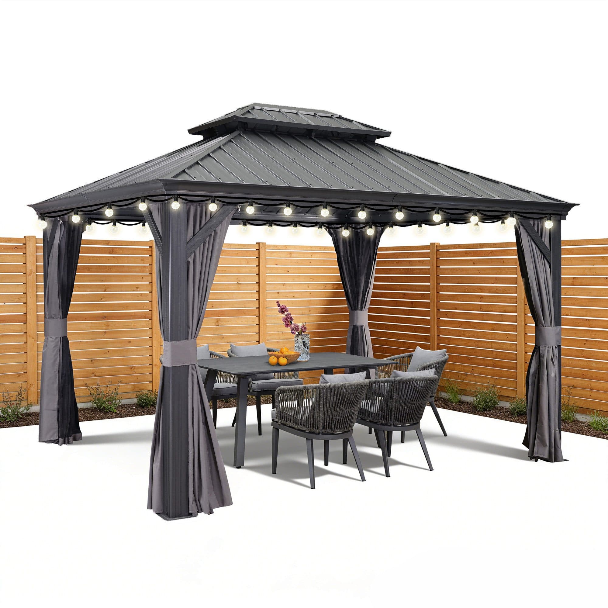 PURPLE LEAF Gartenpavillon Aluminium Hardtop mit LED-Lichtern und Seitenteilen Grau - Bild 2
