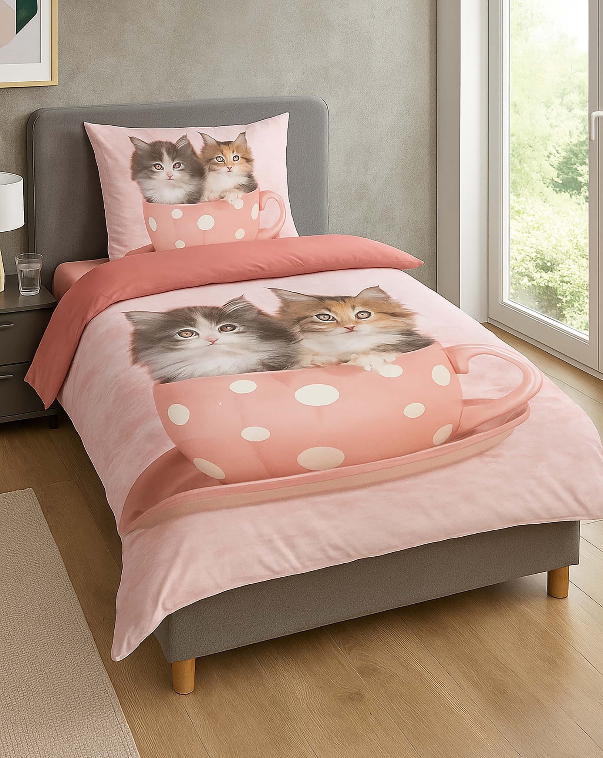 Casa Colori Kinder-Bettwäsche Garnitur Rosa Katzenmotiv Kunstfaser - Bild 2