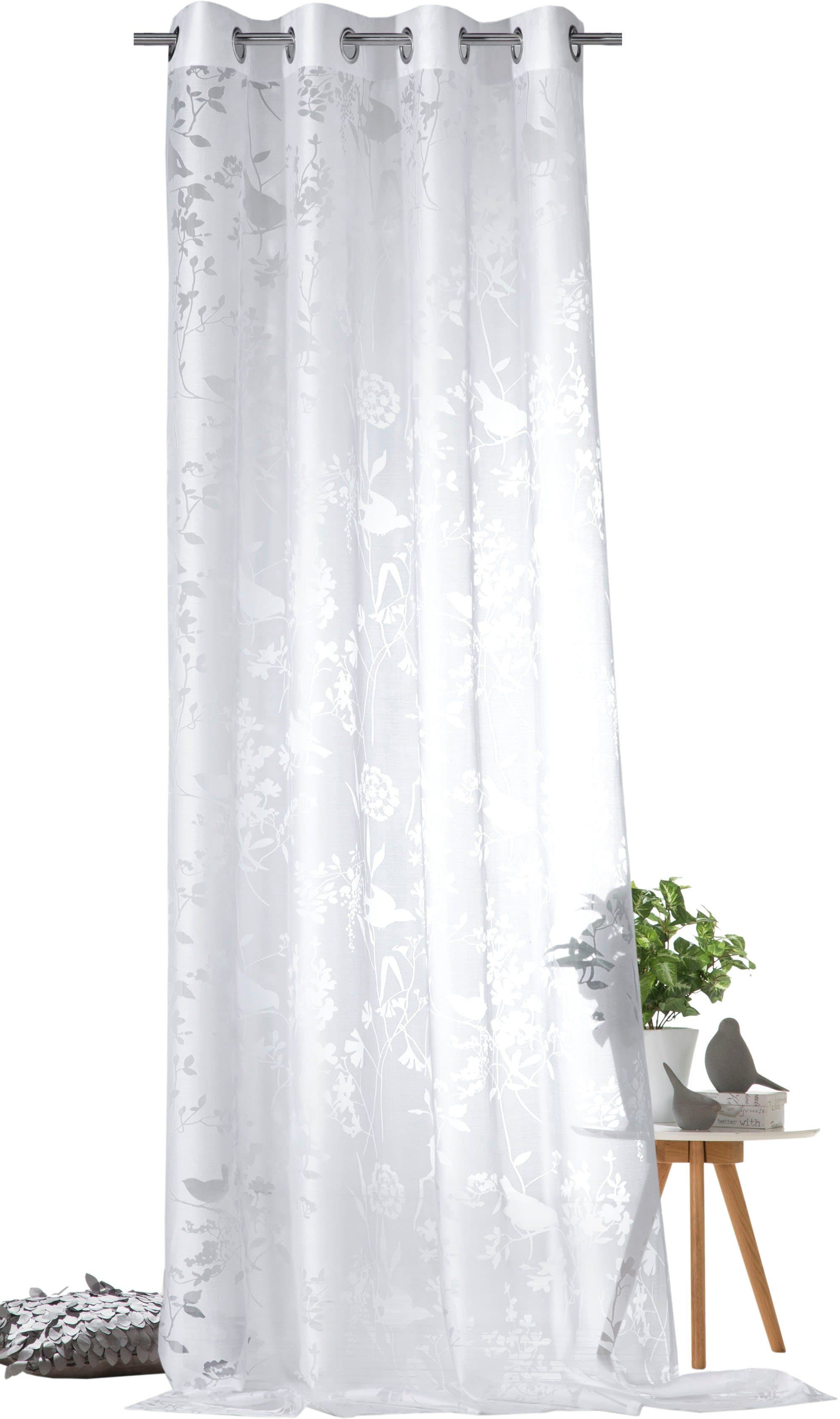 WECKBRODT Shorty Vorhang Beige Natur Vögel Motiv Ösen Gardine - Bild 2