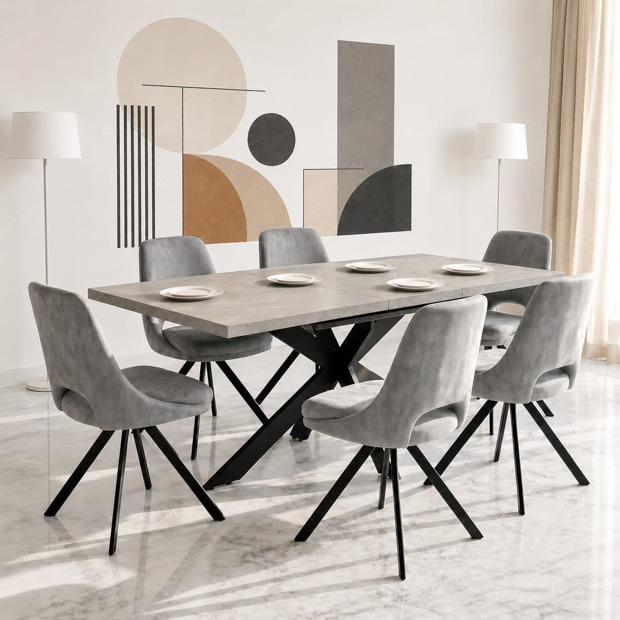 Jiexi Esstisch mit 6 Stühlen Ausziehbar Grau Modern - Bild 2