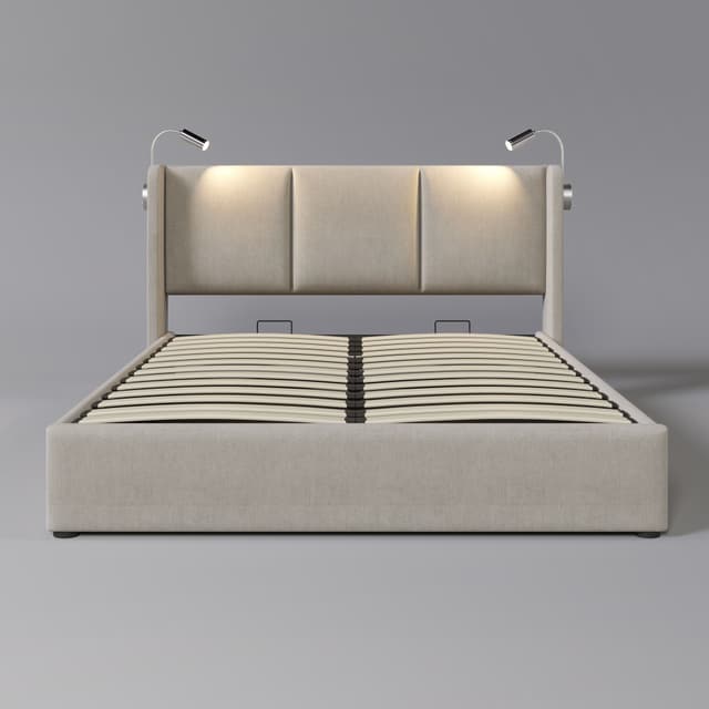 BlingBin Polsterbett Einzelbett Beige/Grau mit Stauraum und USB-Ladefunktion