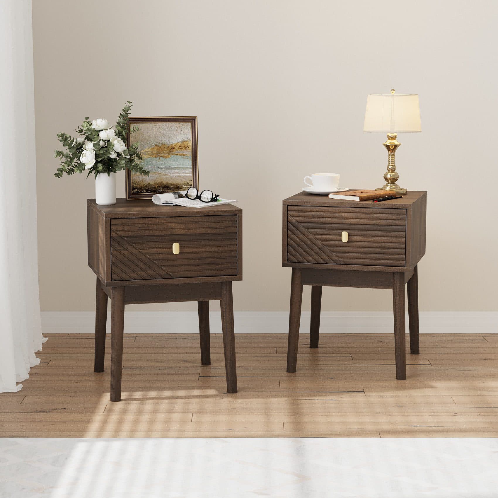 REDOM Nachttisch Kommode Nightstand Mid-Century Modern Nussbaum 2er Set - Bild 2