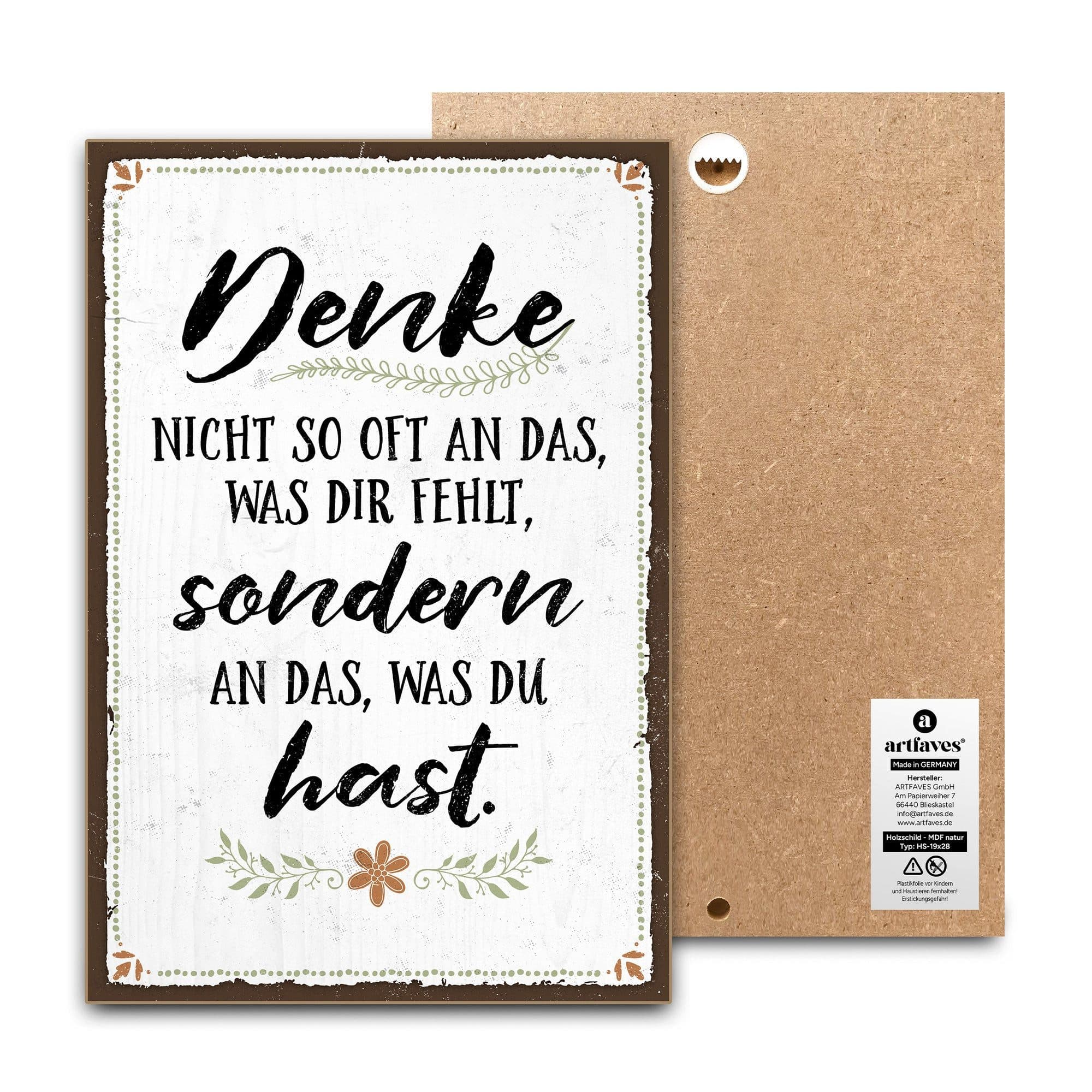 ARTFAVES Holzbild Schild mit Spruch 'Denke an das was du hast' - Motivierend - Bild 2