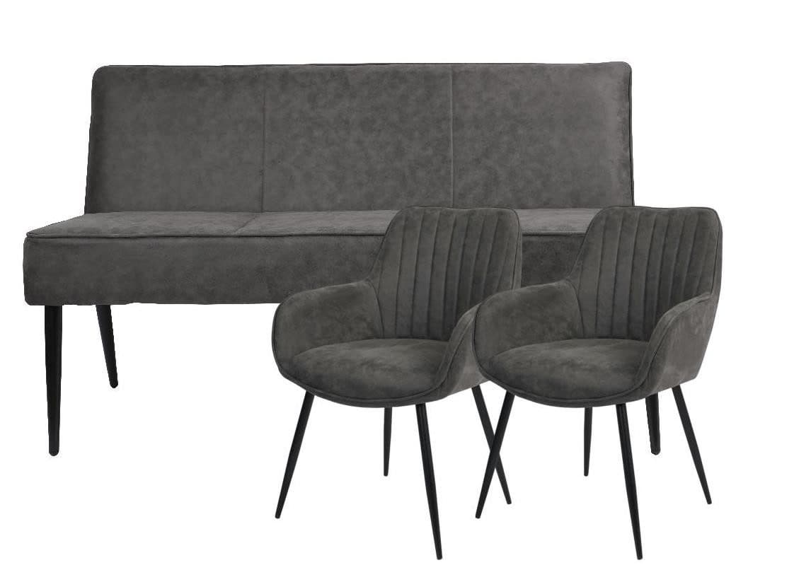 YOZI Sitzbank & Esszimmerstuhl Set Dunkelgrau Metallbeine 3-tlg.