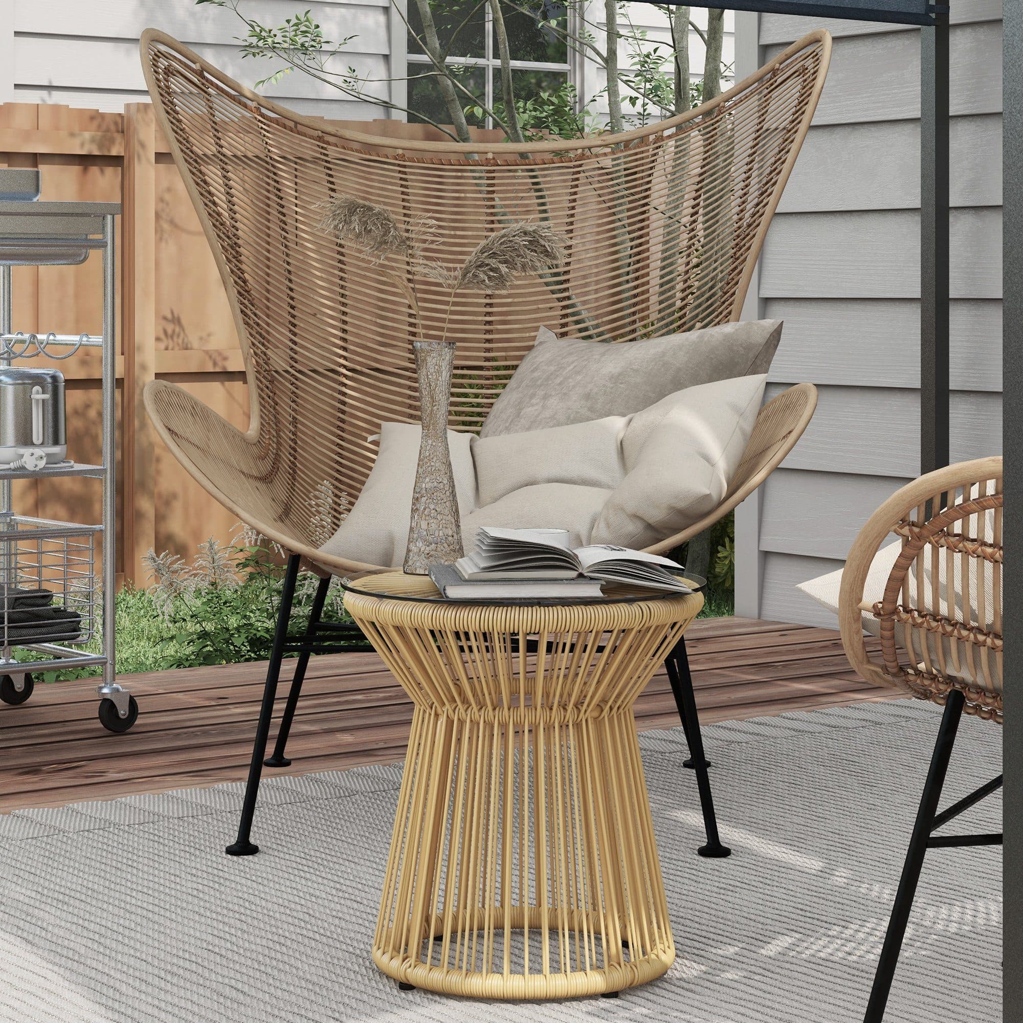 Outsunny Beistelltisch Runder Rattan Tisch Beige Glasplatte - Bild 2
