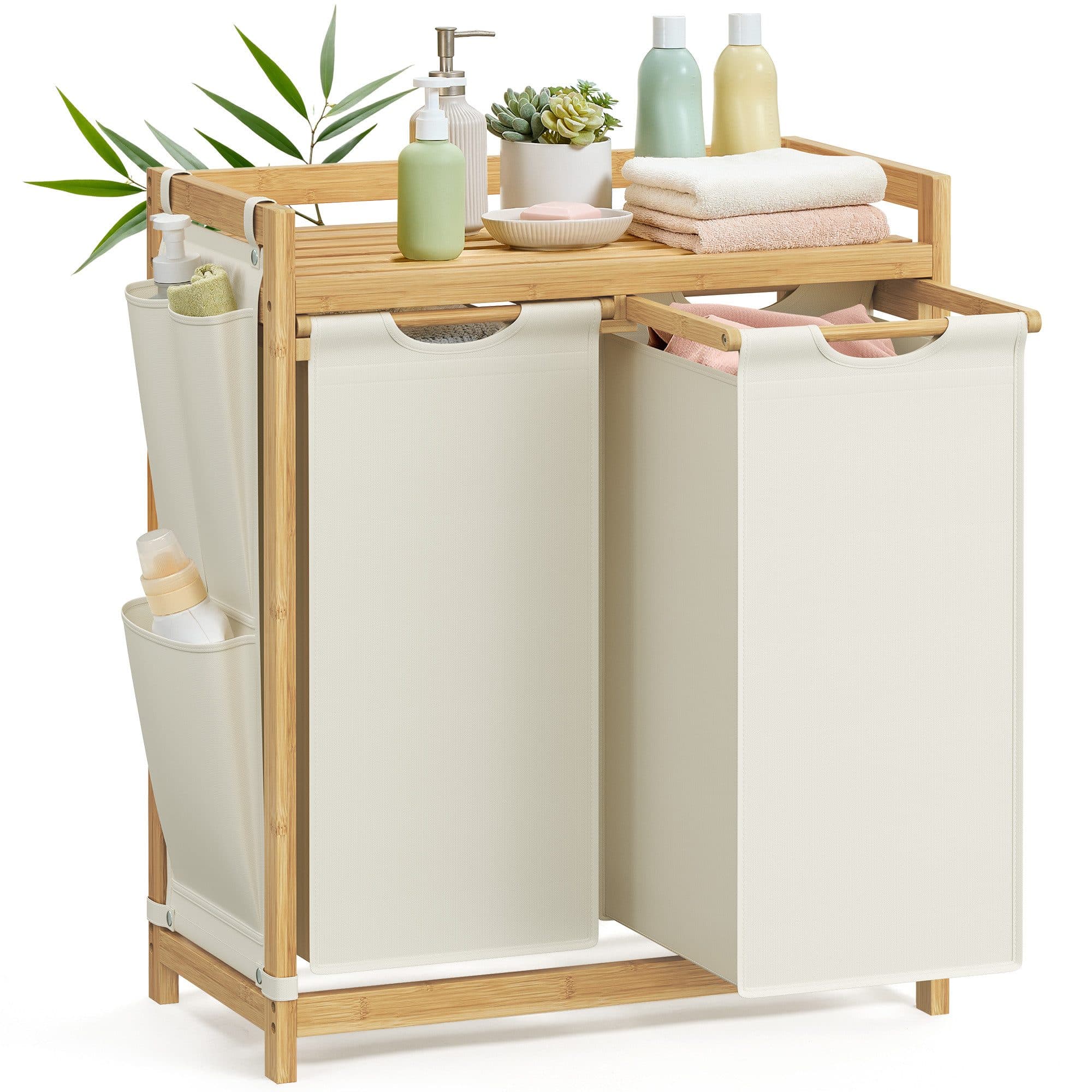 SONGMICS Wäschekorb 2 Fächer Bambus Cremeweiß 100 L Wäschesortierer - Bild 2