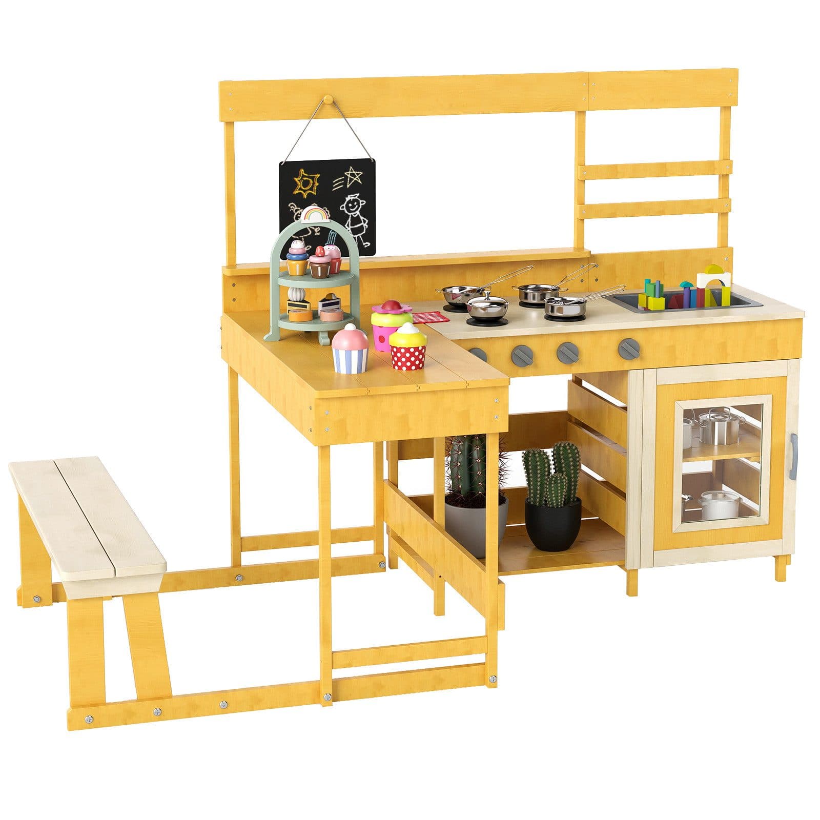 COSTWAY Outdoor-Spielküche Holz Kinderküche mit Bank Tafel Zubehör - Bild 2