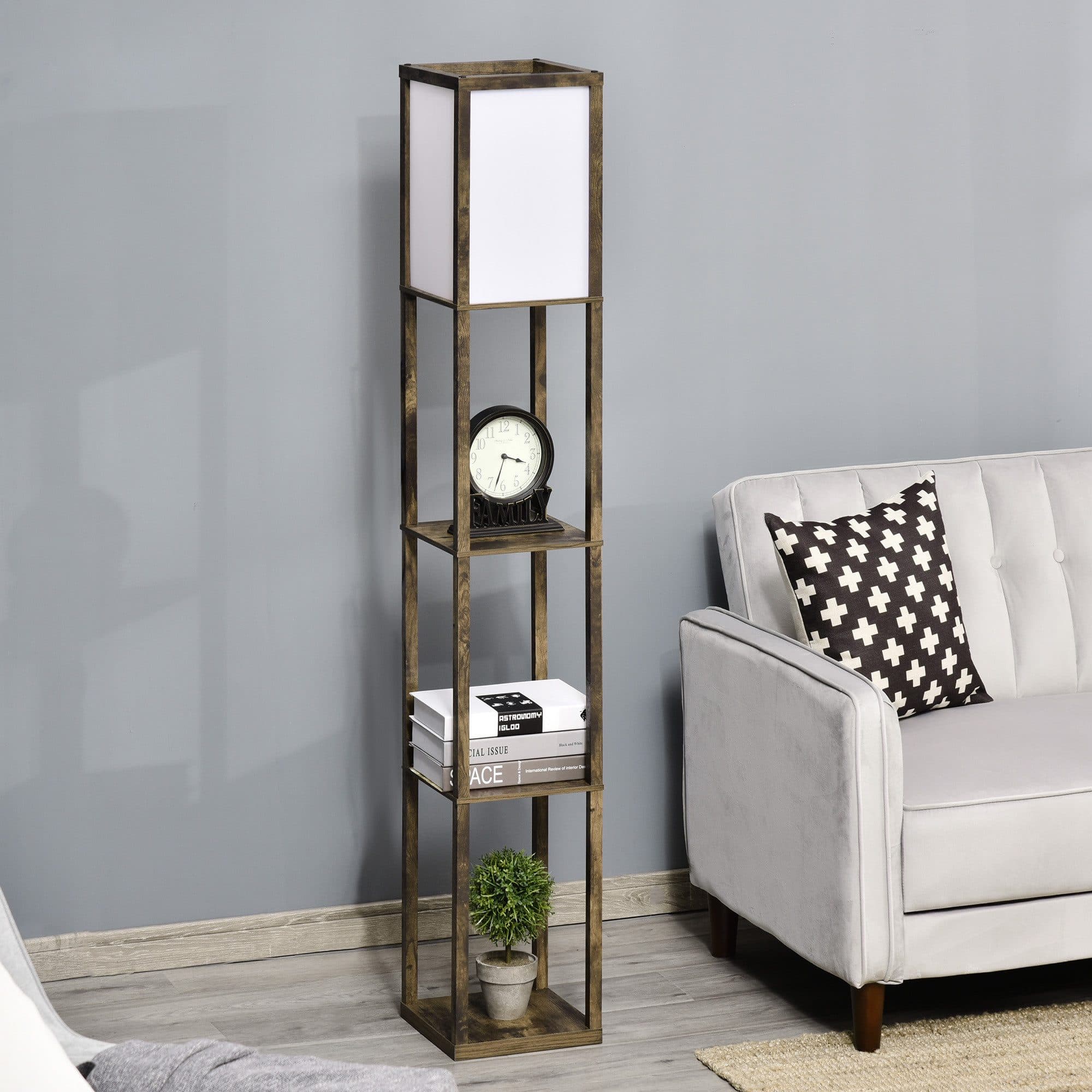HOMCOM Stehlampe mit Regalen, E27, Holz Rustikal-Braun+Weiß - Bild 2
