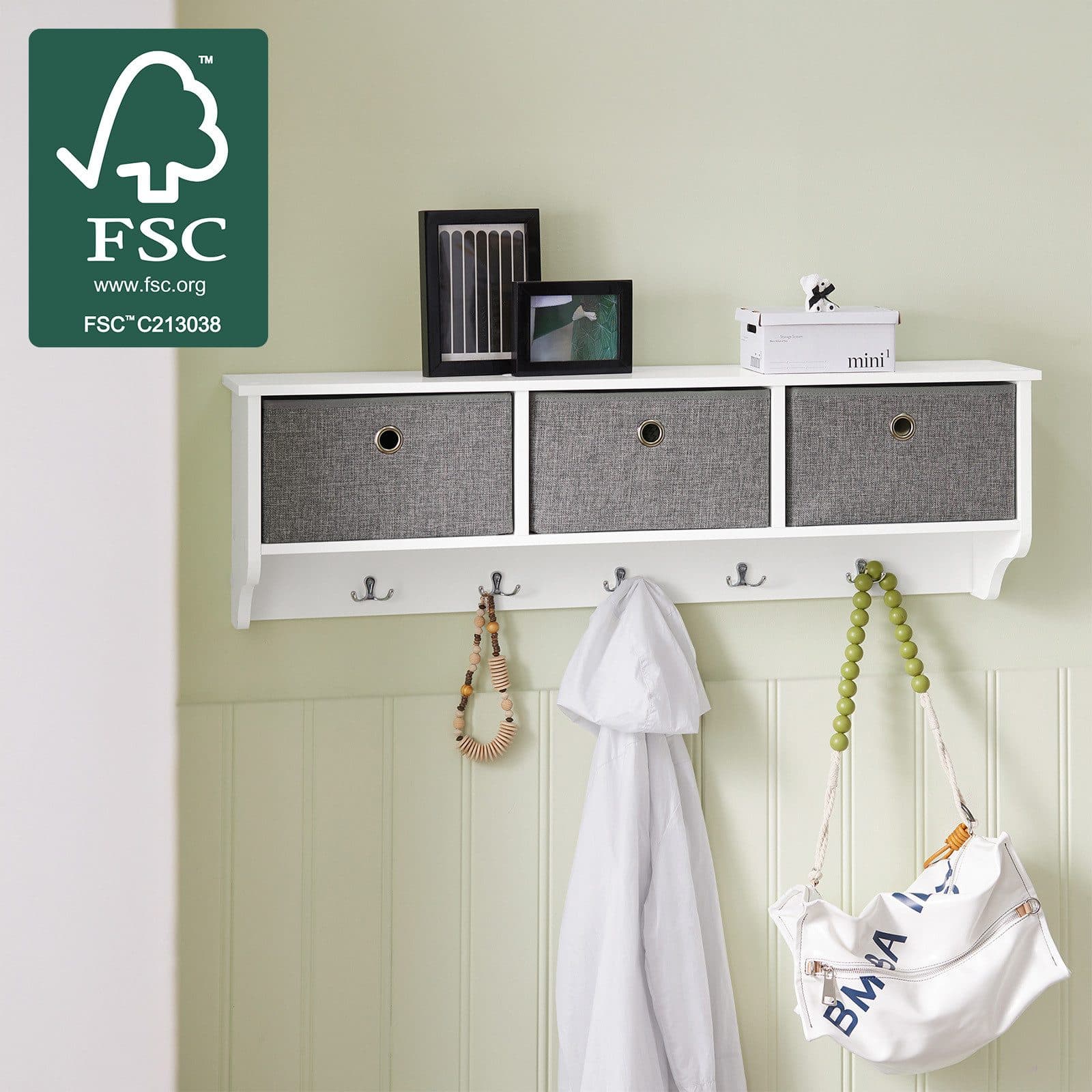 SoBuy Wandgarderobe FRG282 Weiß mit 3 Körben und 5 Haken Modern - Bild 2