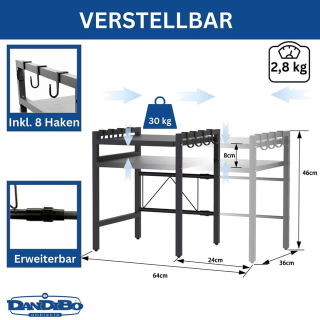 DanDiBo Küchenregal Erweiterbar Schwarz für Arbeitsplatte