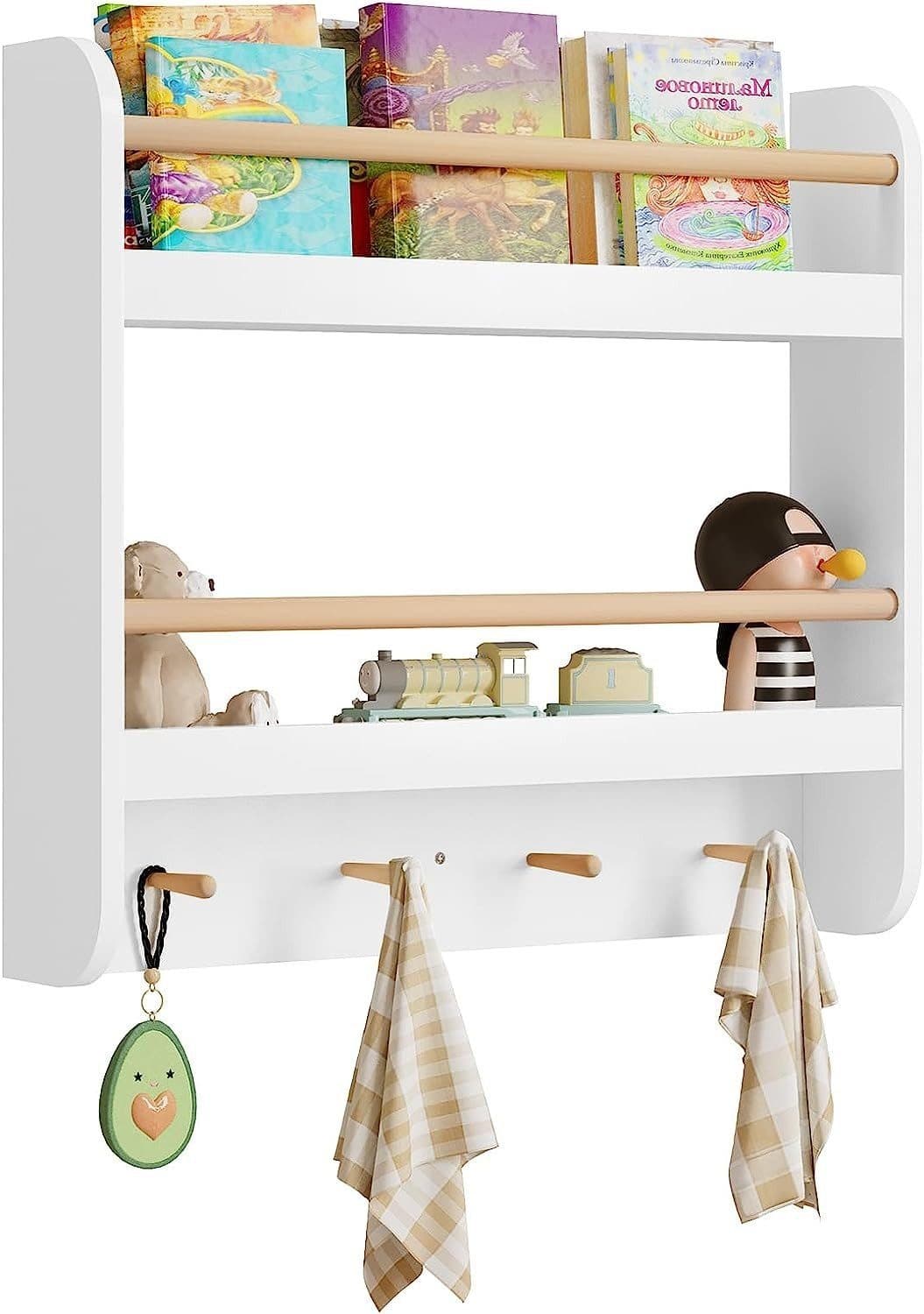 Woltu Kinderregal Weiß mit 2 Ablagen und 4 Haken - Bild 2