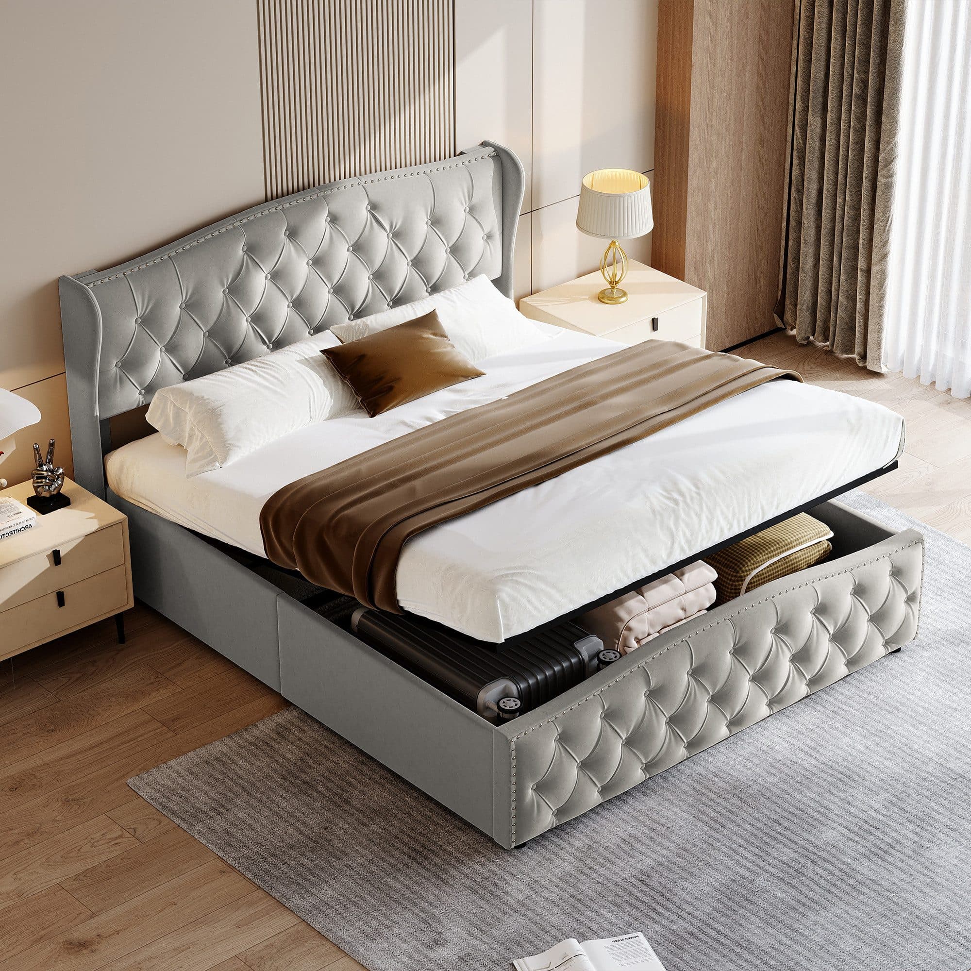 FUROKOY Stauraumbett Polsterbett Doppelbett mit hydraulischem Stauraum, 160x200 cm, Grau, Samt - Bild 2