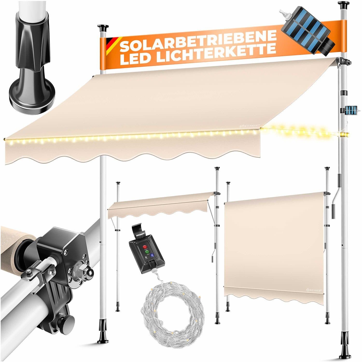 KESSER Klemmmarkise mit Handkurbel & LED, 150x180cm Balkonmarkise ohne Bohren UV-Beständig - Bild 2
