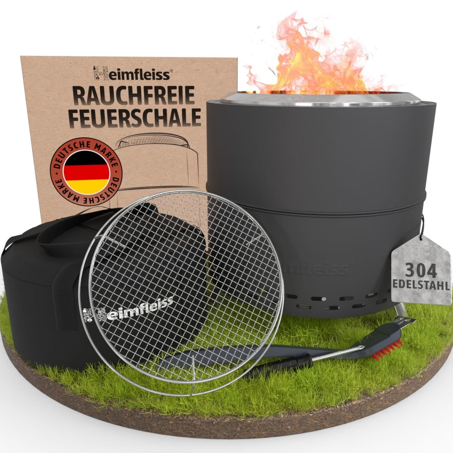 Heimfleiss® Feuerschale Schwarz Rauchfrei mit Grillrost Edelstahl - Bild 2