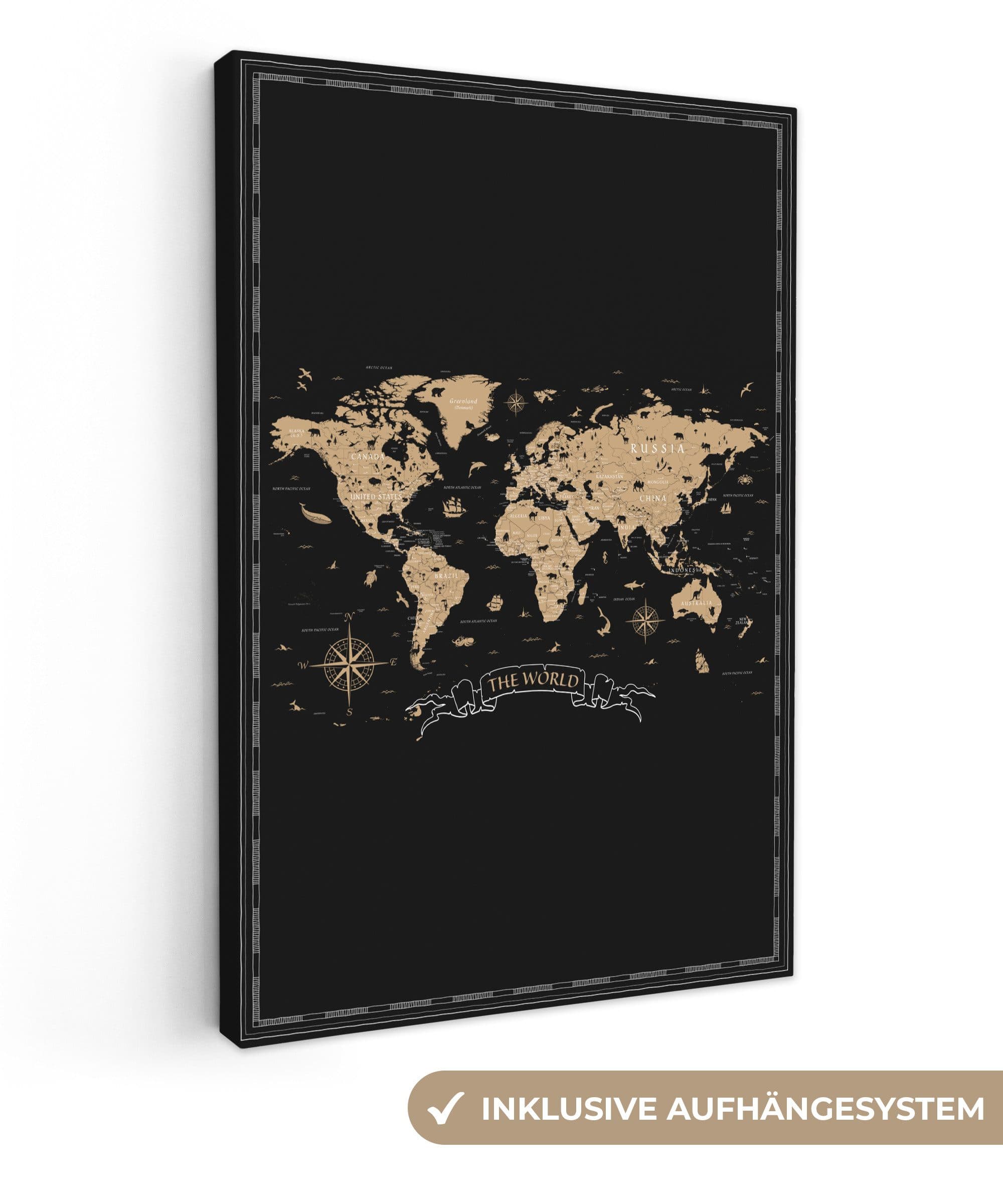 OneMillionCanvasses® Leinwandbild Weltkarte Beige Schwarz Fotodruck - Bild 2