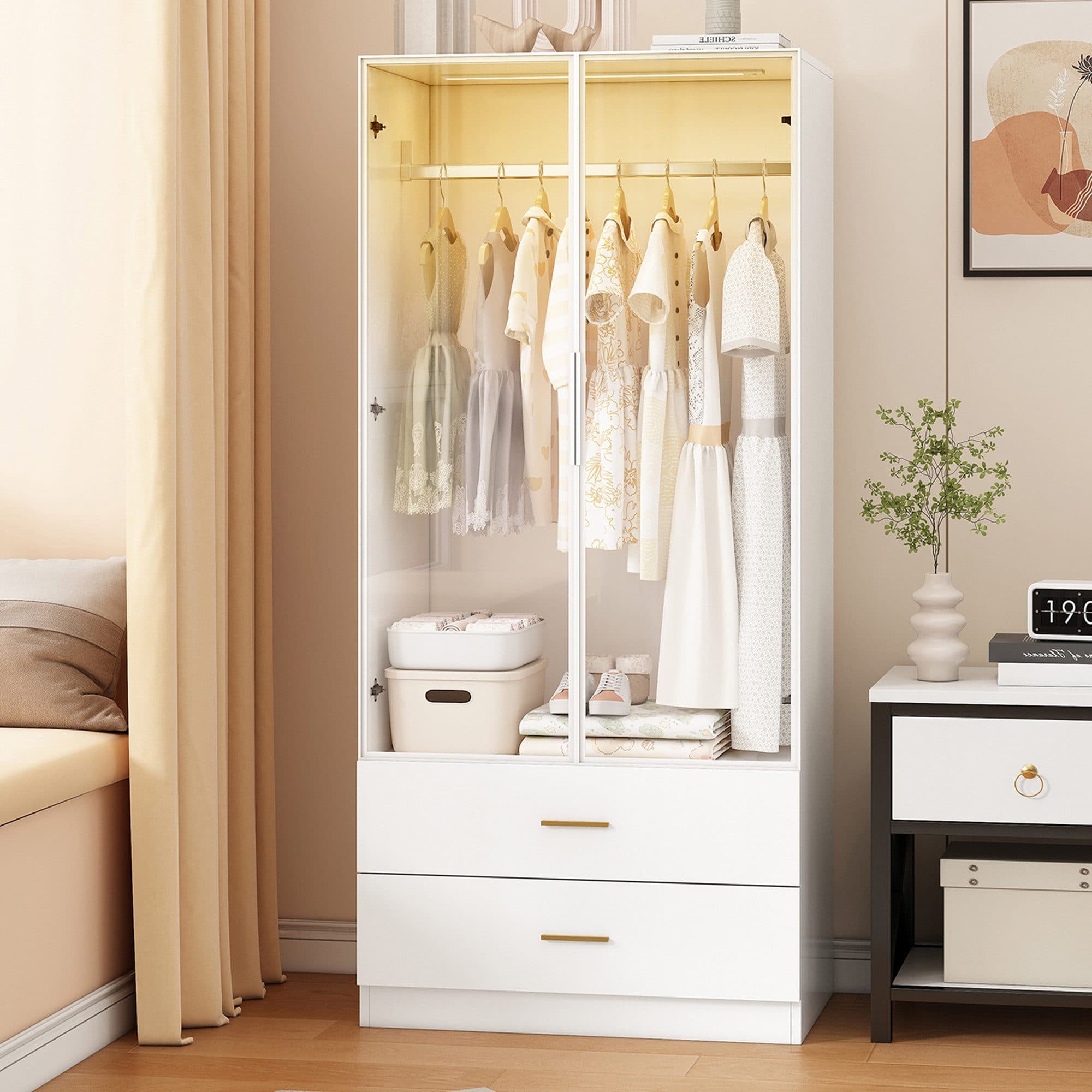 FUROKOY Kleiderschrank Weiß mit 2 Schubladen und Glastüren - Bild 2