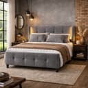 OKWISH Polsterbett Grau Samt mit LED-Beleuchtung verstellbar Bild 2