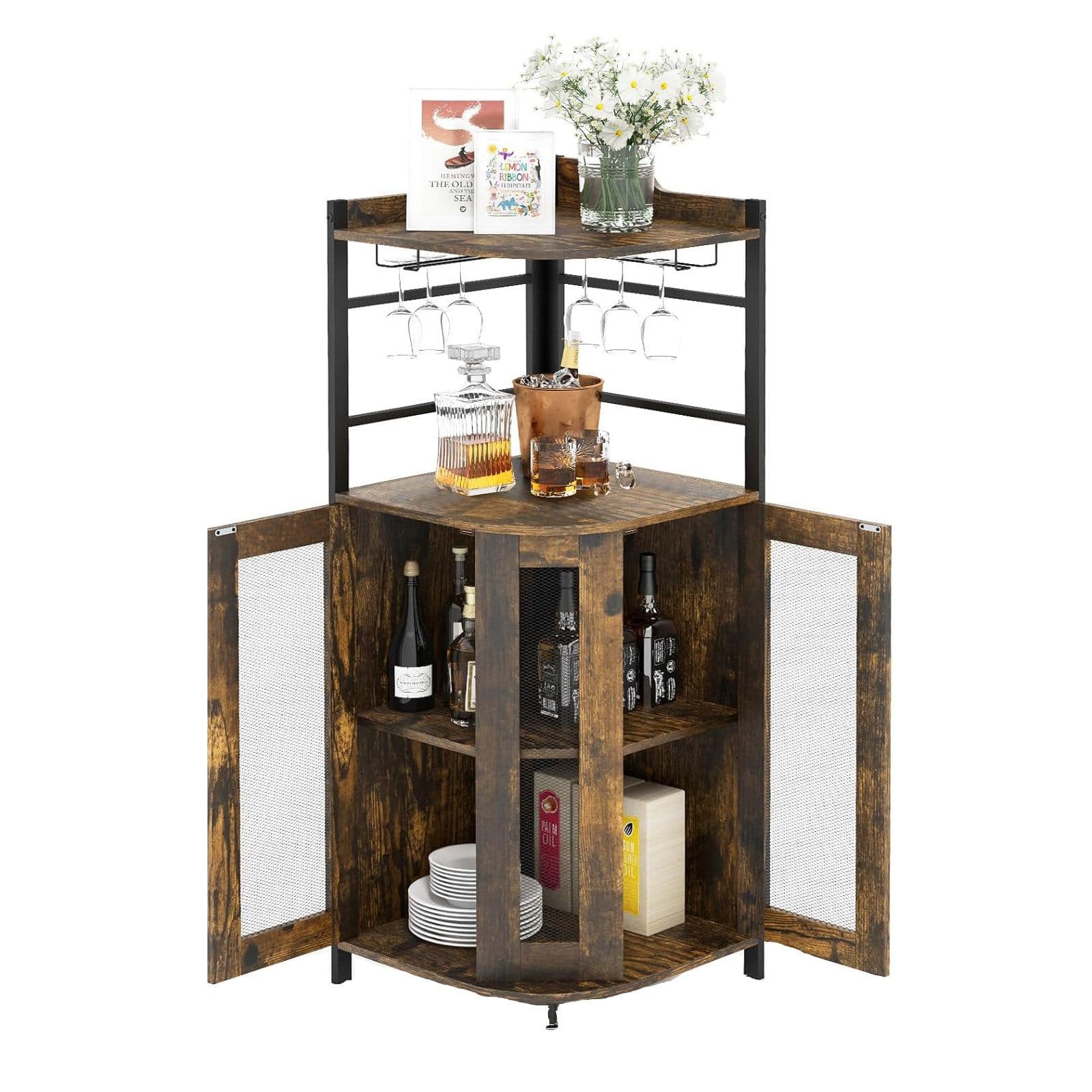 KOMFOTTEU Weinschrank Eck-Barschrank mit Glashalter, 2 Türen, Braun - Bild 2