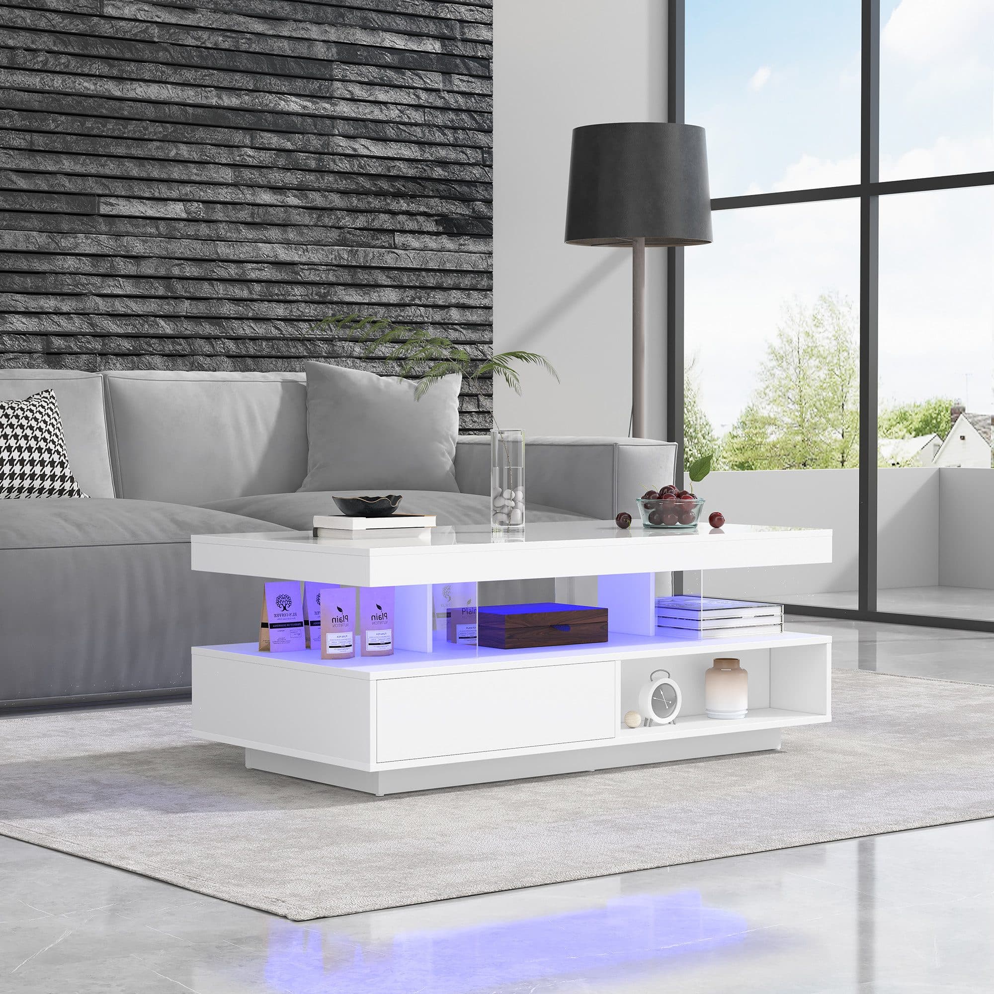 STILVORA Couchtisch Hochglanz Weiß mit LED & Stauraum - Bild 2