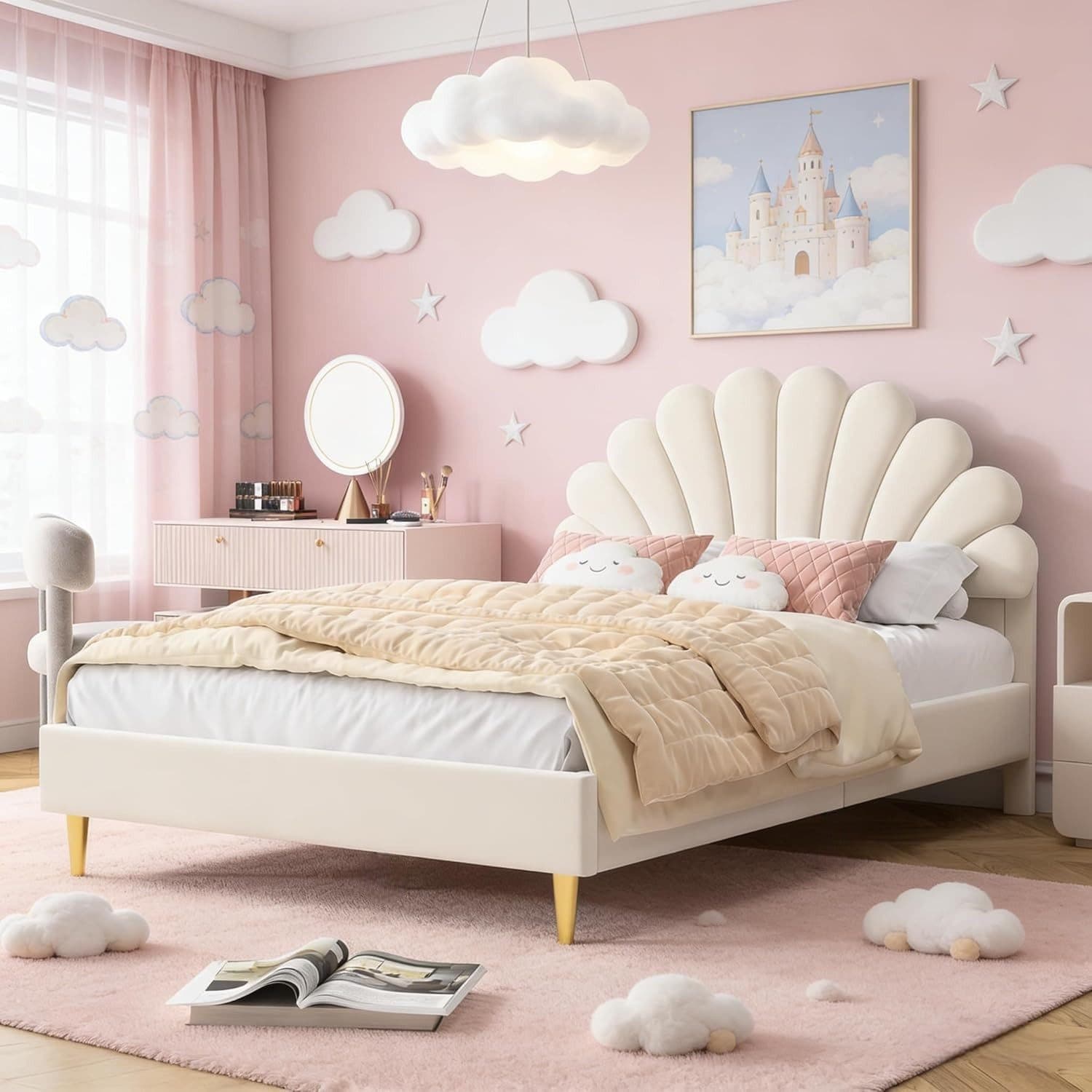 PXloue Polsterbett Doppelbett Jugendbett 140x200cm mit Muschel-Kopfteil Beige - Bild 2