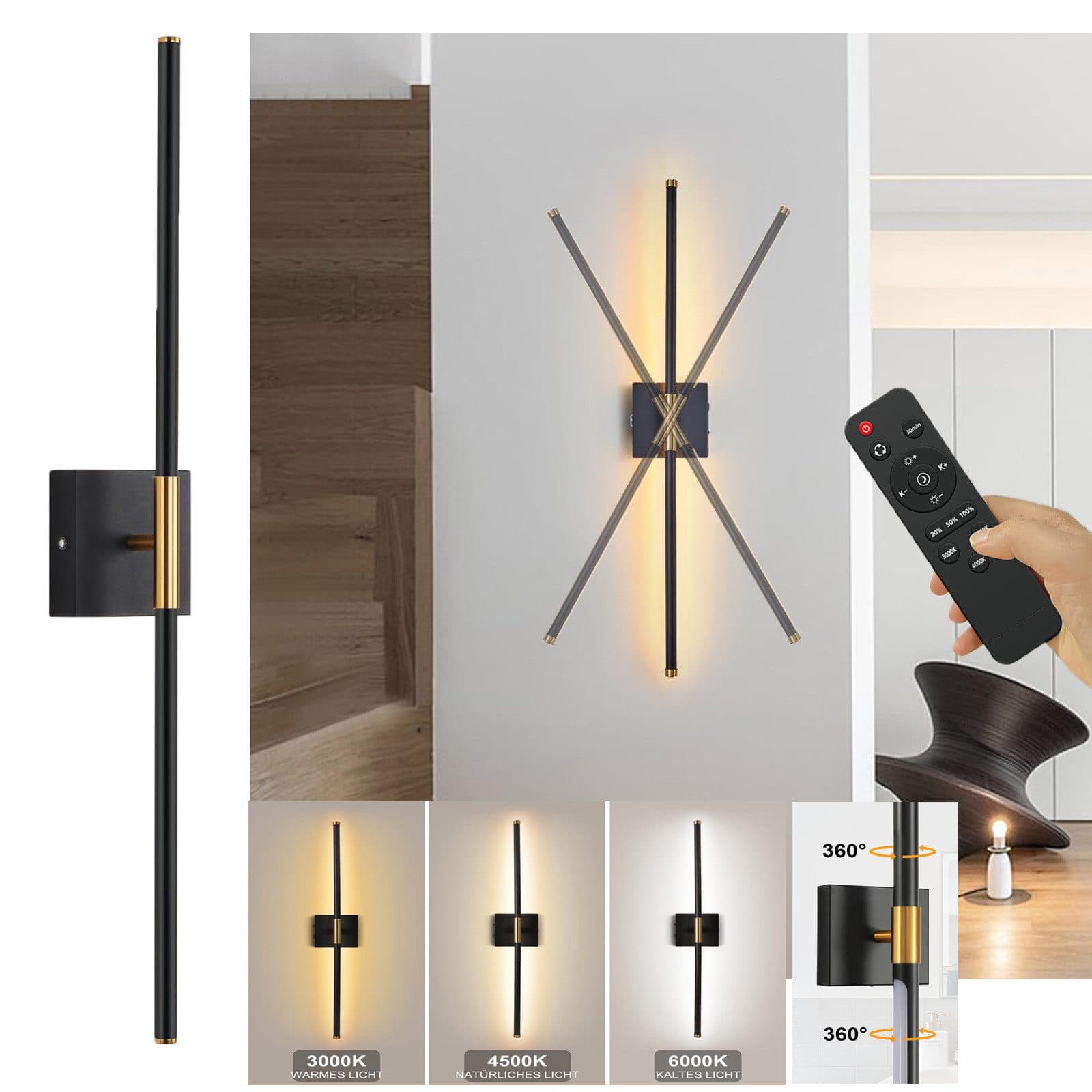 MUPOO LED Wandleuchte Kabellos Dimmbar 3000-6000K Gold/Schwarz - Bild 2