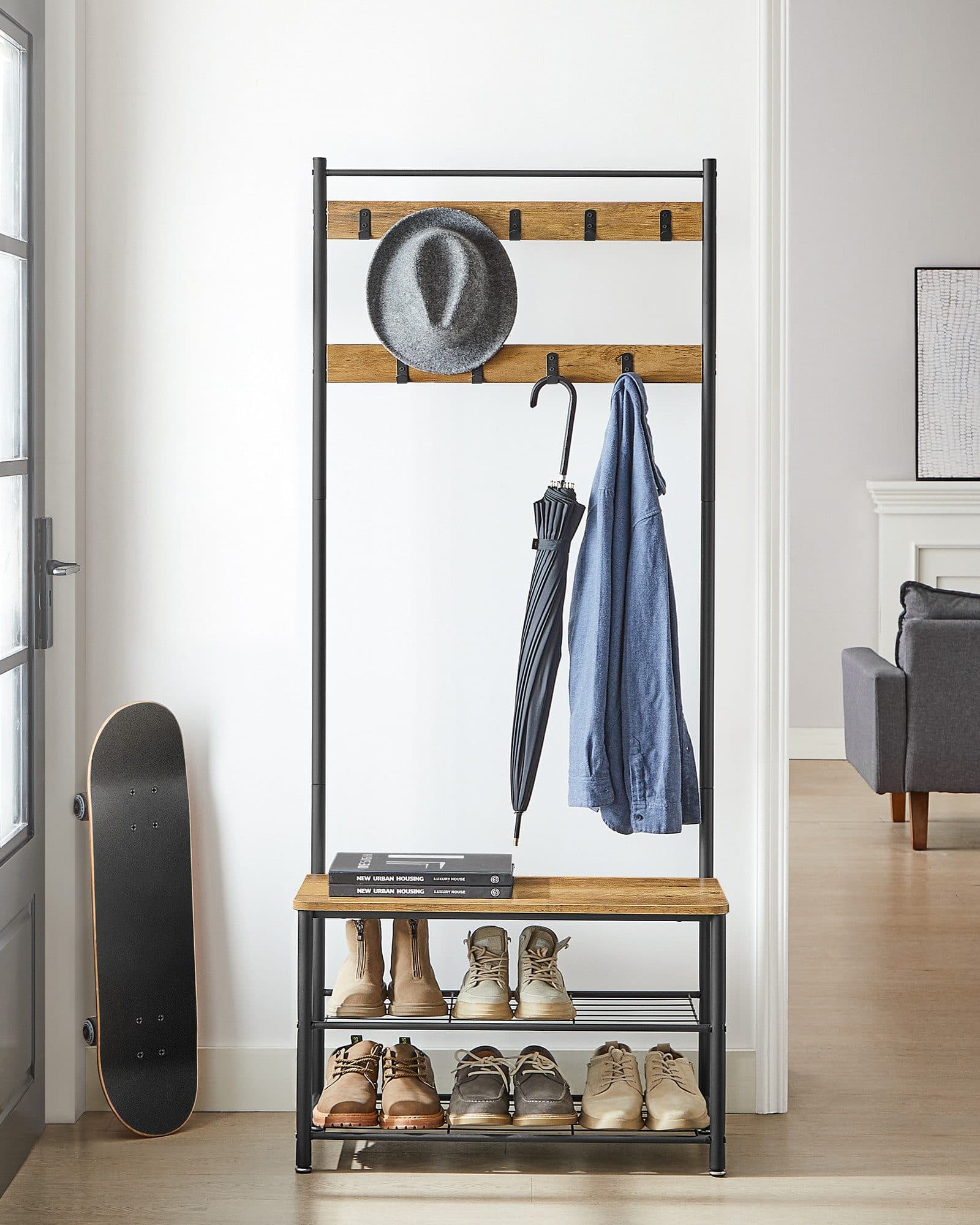 VASAGLE Garderobenständer 3-in-1 Design Walnussbraun-Schwarz - Bild 2