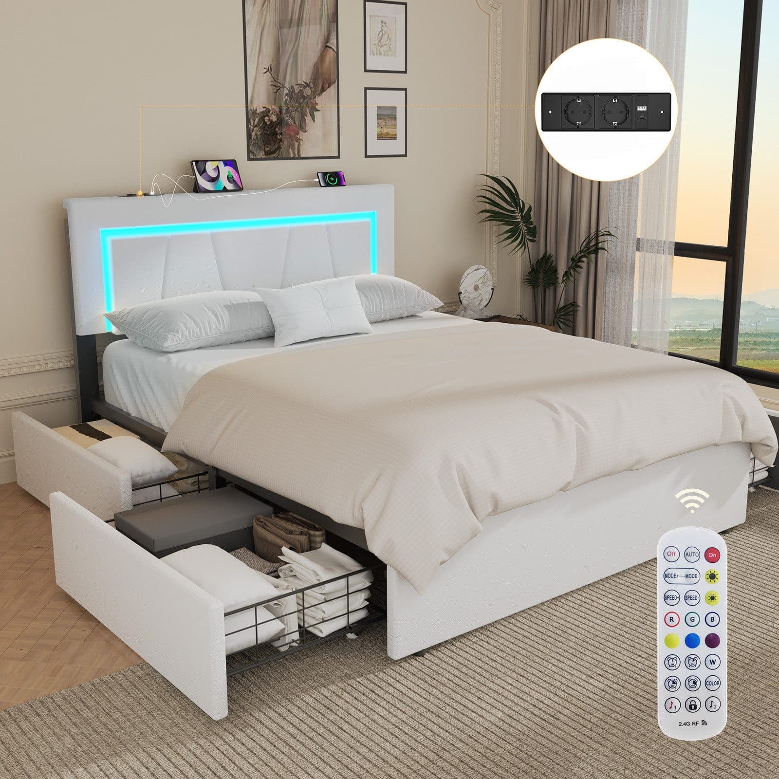 WILGOON Polsterbett LED Doppelbett 160x200 cm mit 4 Schubladen und Lattenrost - Bild 2