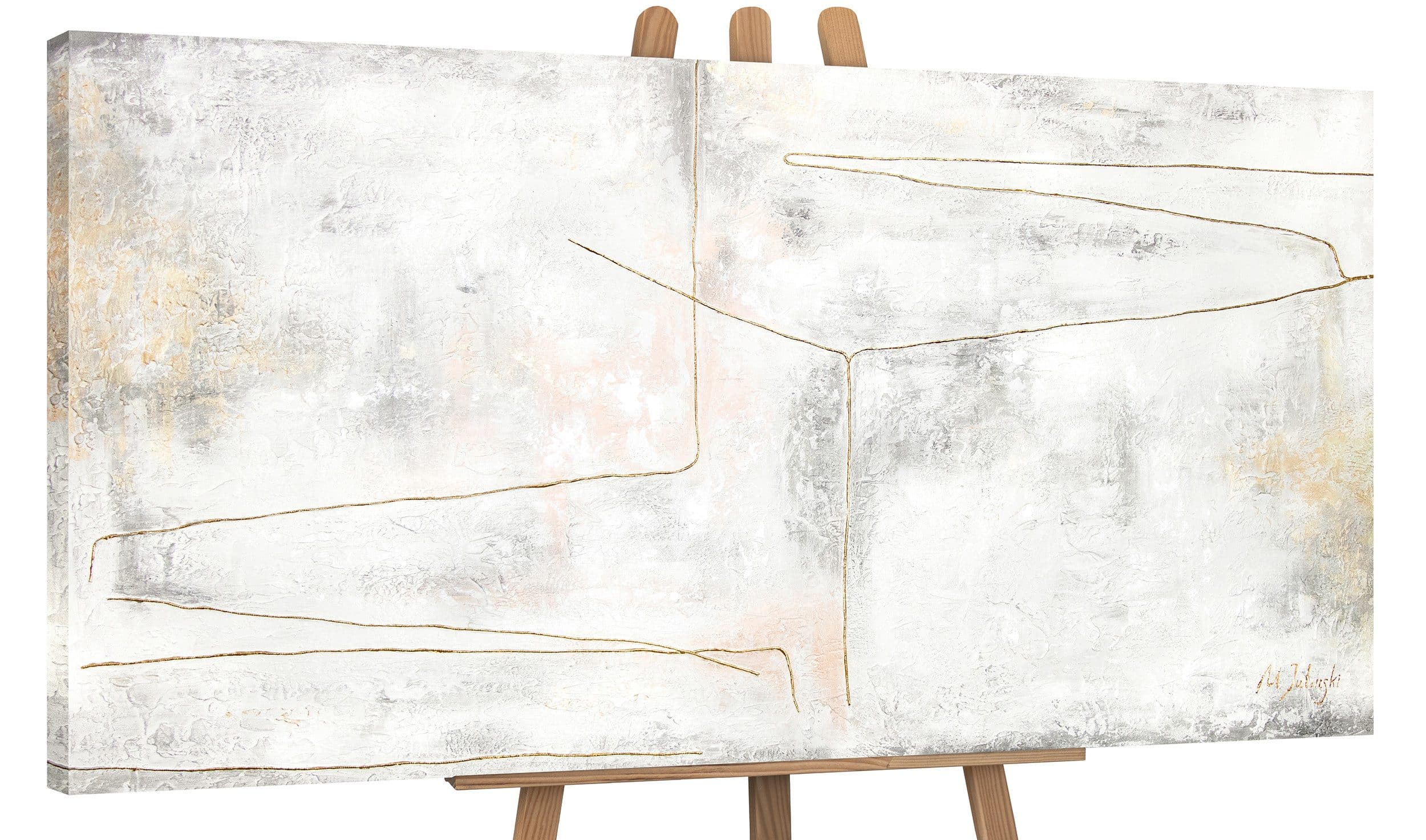 YS-Art Abstraktes Gemälde Goldene Schleife Handgemalt auf Leinwand Gold Beige - Bild 2