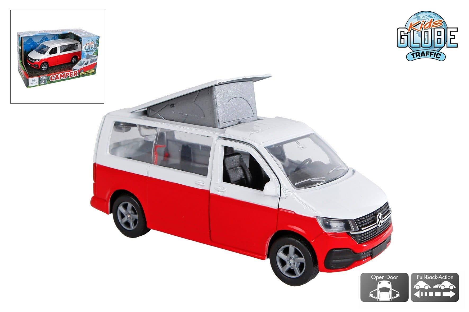 Toys Amsterdam Modellauto Volkswagen Camper mit Aufstelldach Rot/Weiß