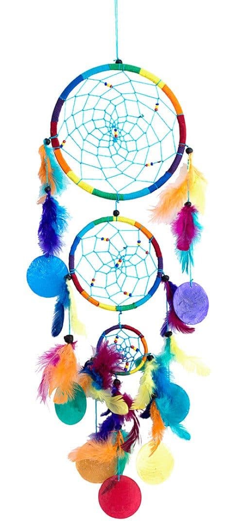 Saraswati Traumfänger Mobile mit 3 Traumfängern und Capiz Muscheln Regenbogen